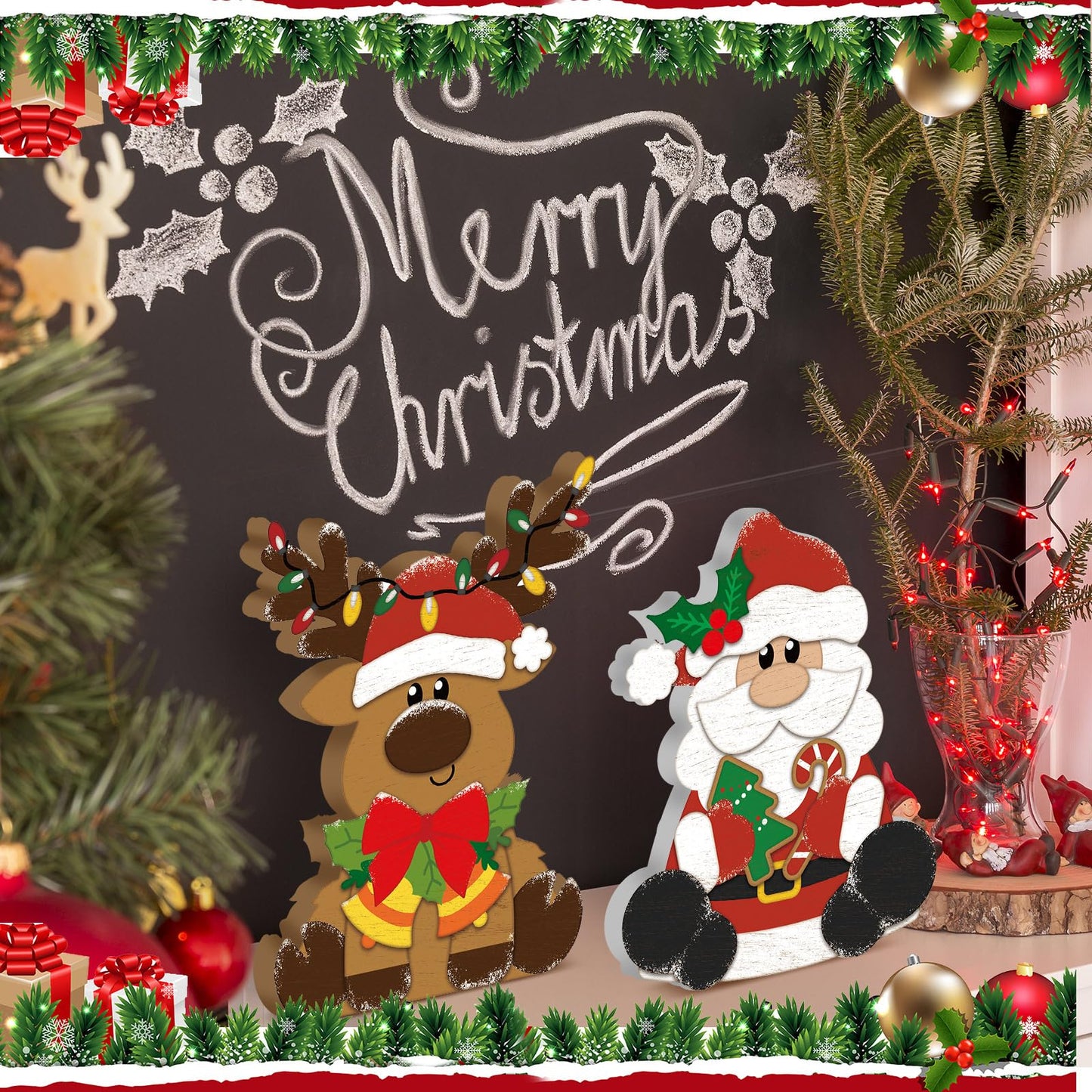 GlikCeil 3 Pcs Christmas Wooden Table Decorations Snowman Reindeer Santa Claus Centerpiece Block Holiday Wood Tiered Tray Tabletop Sign for Office Dining Room Mantle Home Party Supplies