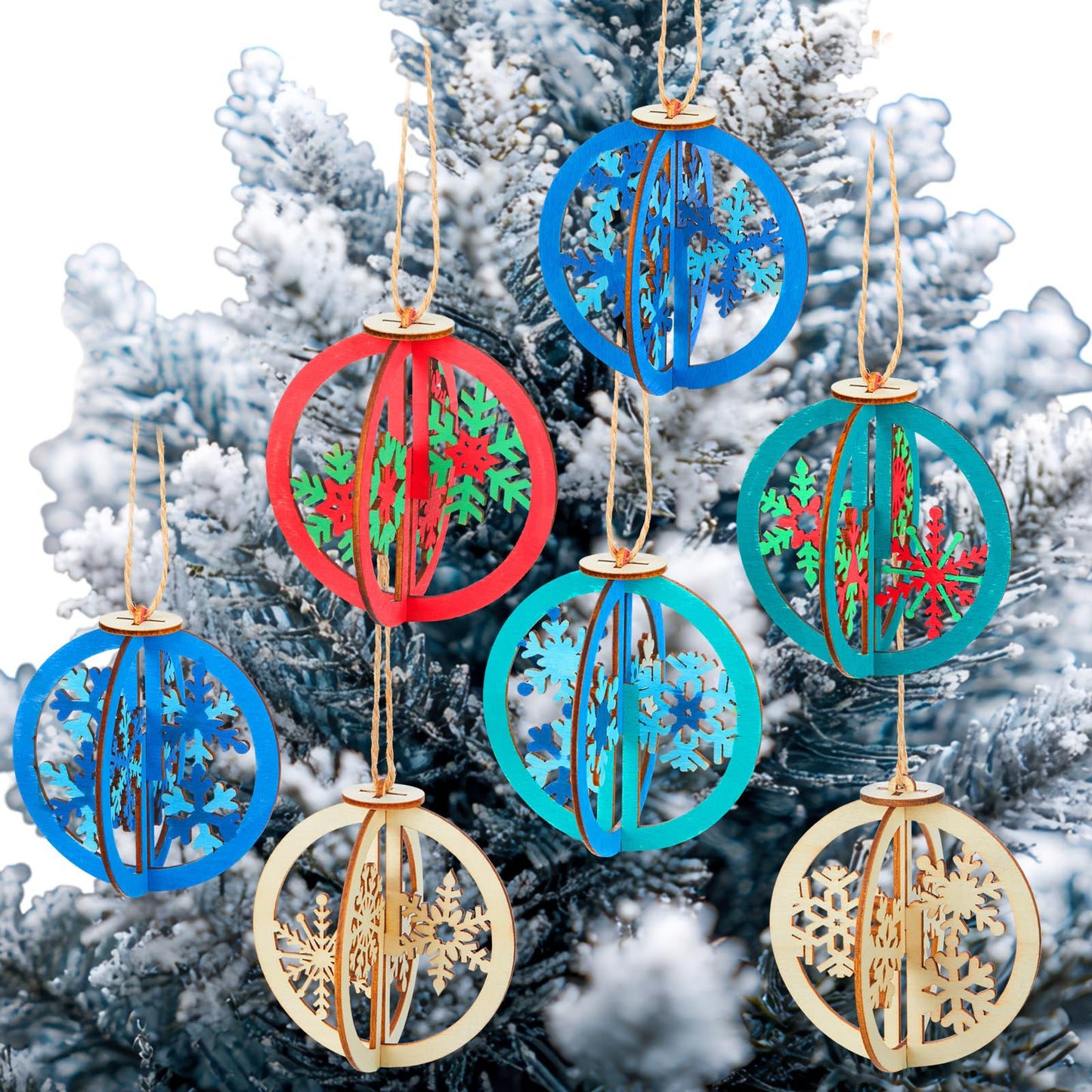 Chunful 24 Pcs DIY Christmas Wooden Ornaments 3D Unfinished Wood Crafts to Paint Christmas Hanging Cutouts Blank Hollow Wood Santa Reindeer Snowman Slice for Xmas Tree Decorations(Snowflake)