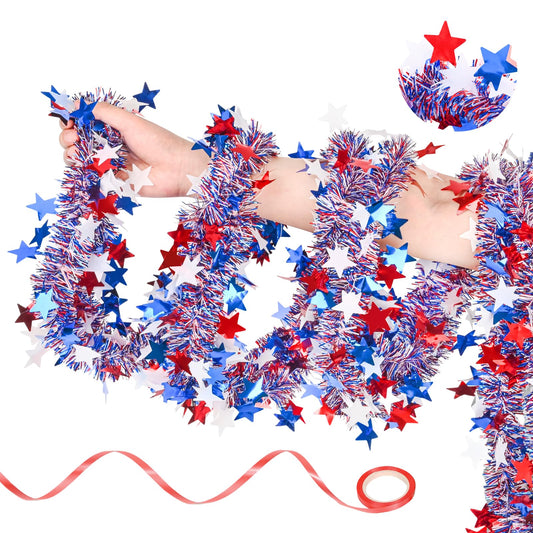 50ft 4th of July Garland – Red, White & Blue Patriotic Tinsel Decoration for Fourth of July, Memorial Day, Veterans Day, Home, Parties, Outdoor & Indoor Festive Displays (Three-Colored Stars)