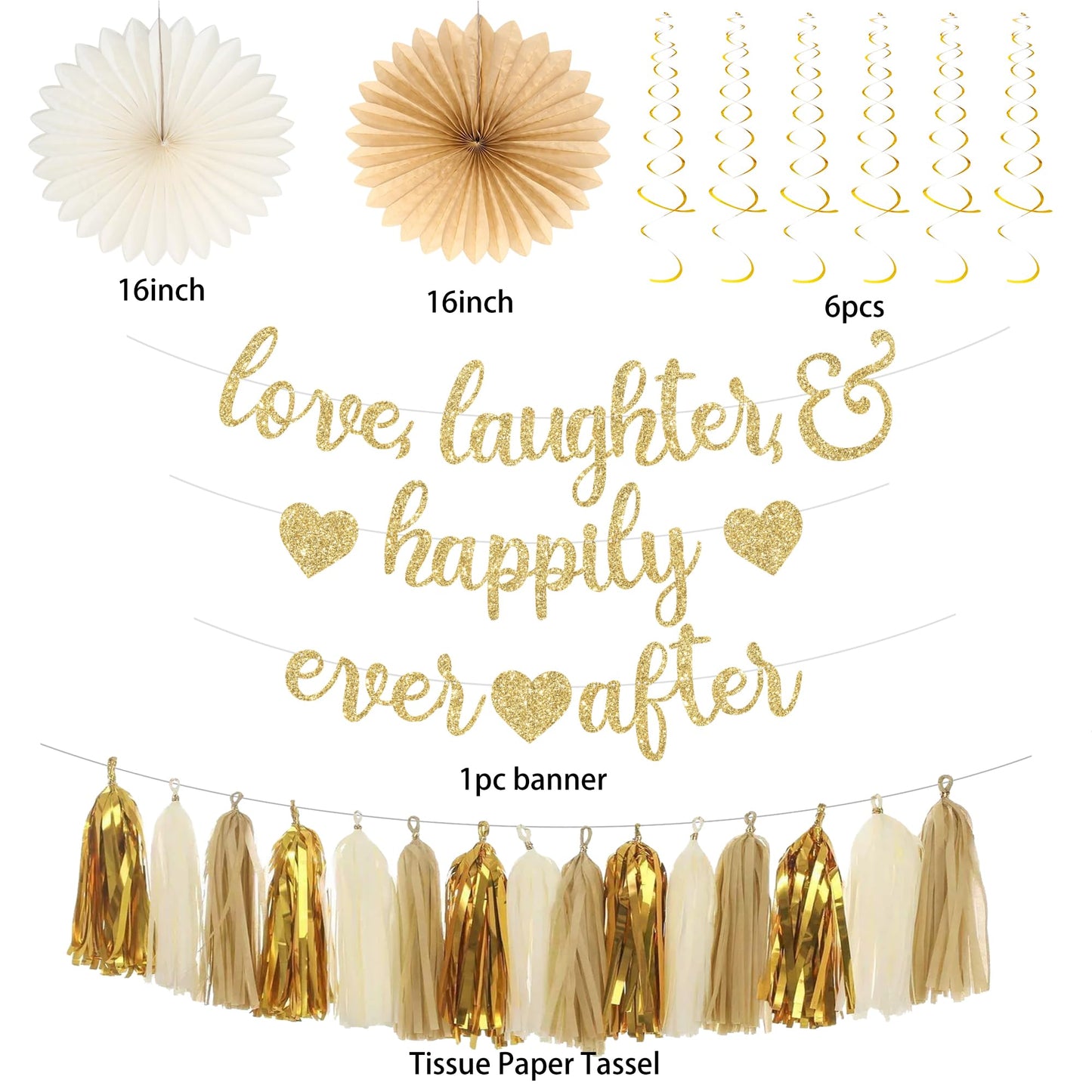 Roetyce Engagement Party Decorations, Gold Glitter Love Laughter & Happily Ever After Banner for Bridal Shower, Wedding Bachelorette Party Backdrop, Almost Married/Just Engaged Photo Background Decor