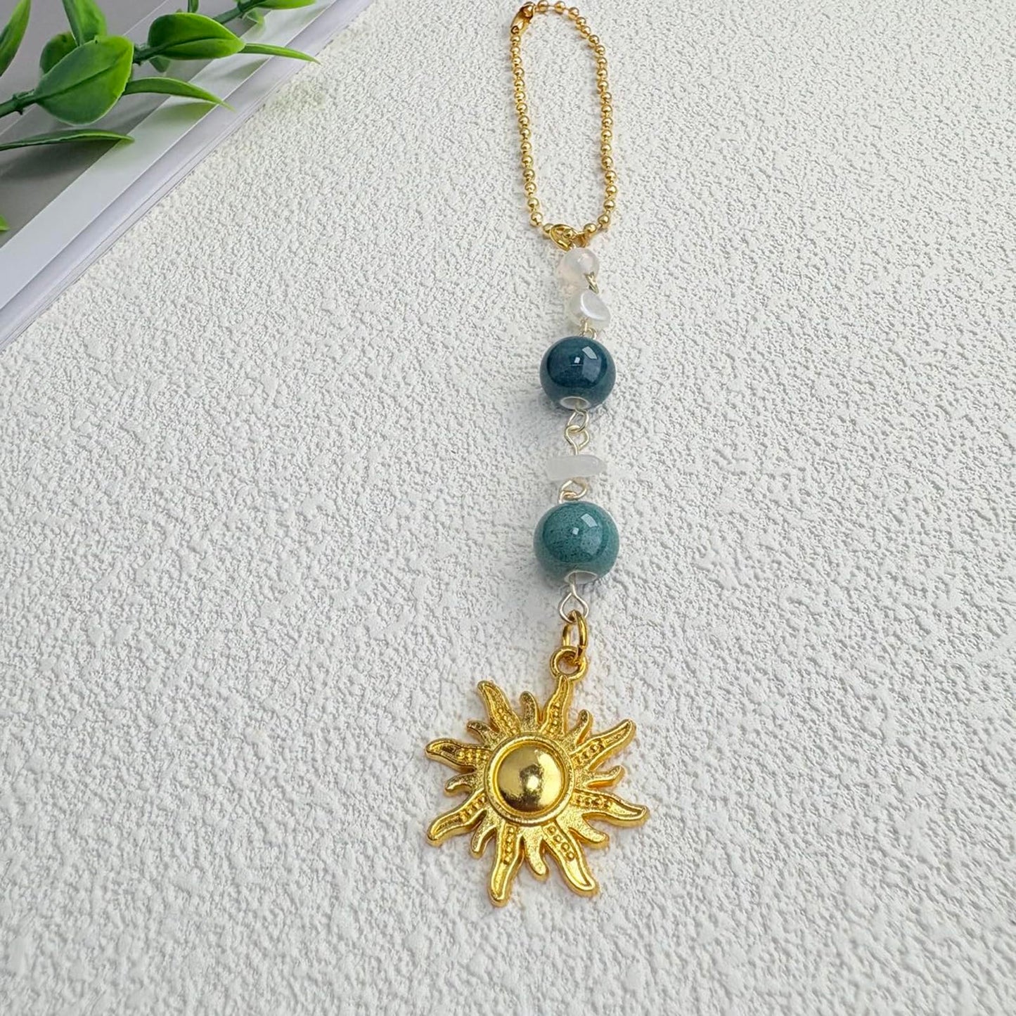 Sun Hanging Car Charm,Green and Gold Rear View Mirror Accessories Cute Boho Dangling Sun Car Decor Handmade Healing Crystals Stones Ornament Gifts for Women Men (Green)
