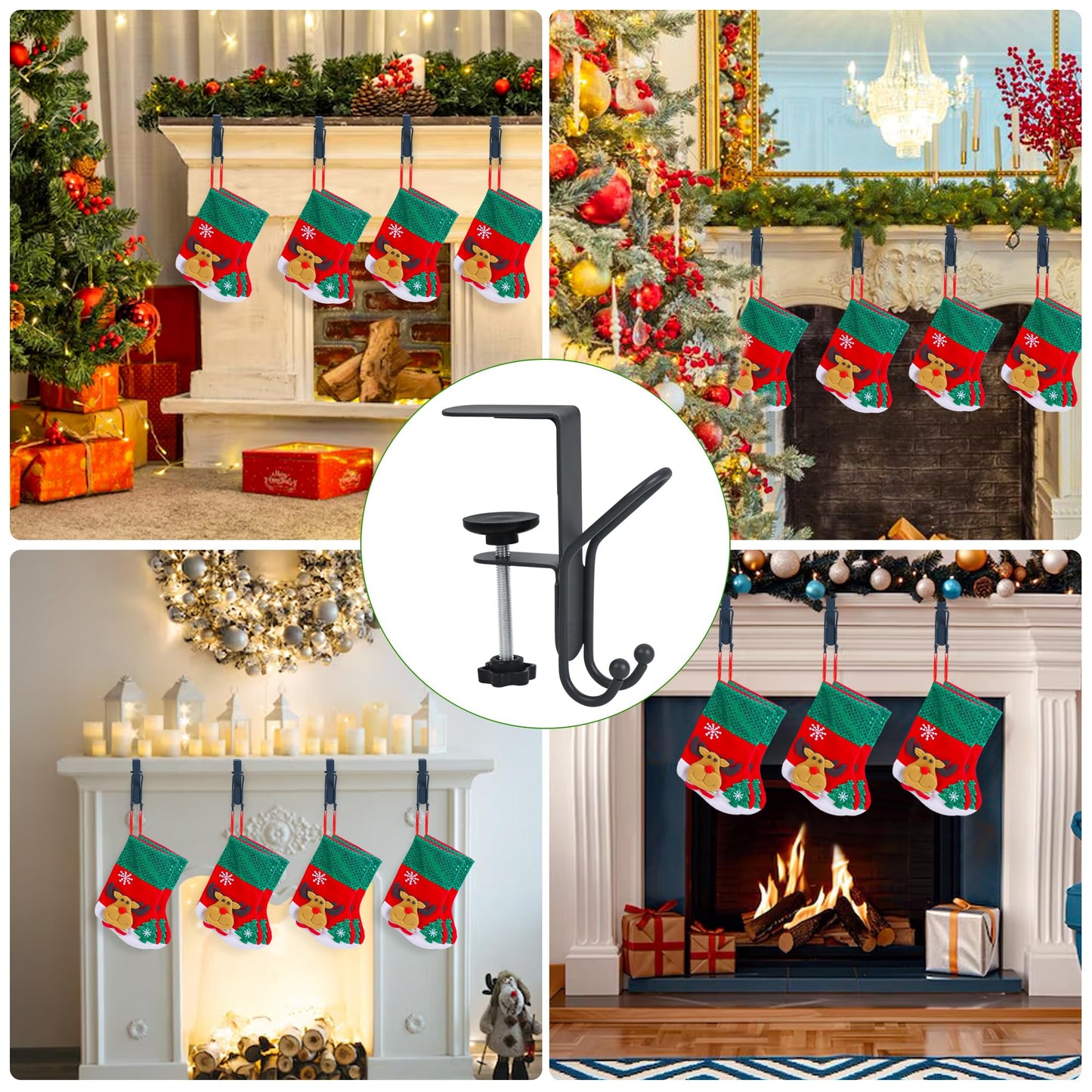 Muximud Stocking and Garland Hangers for Mantle, 2 in 1 Adjustable Metal Garland Holder for Hanging Christmas Stocking, No Drill Mantle Hanger for Fireplace Holiday Decoration, Grey, 3 Pcs