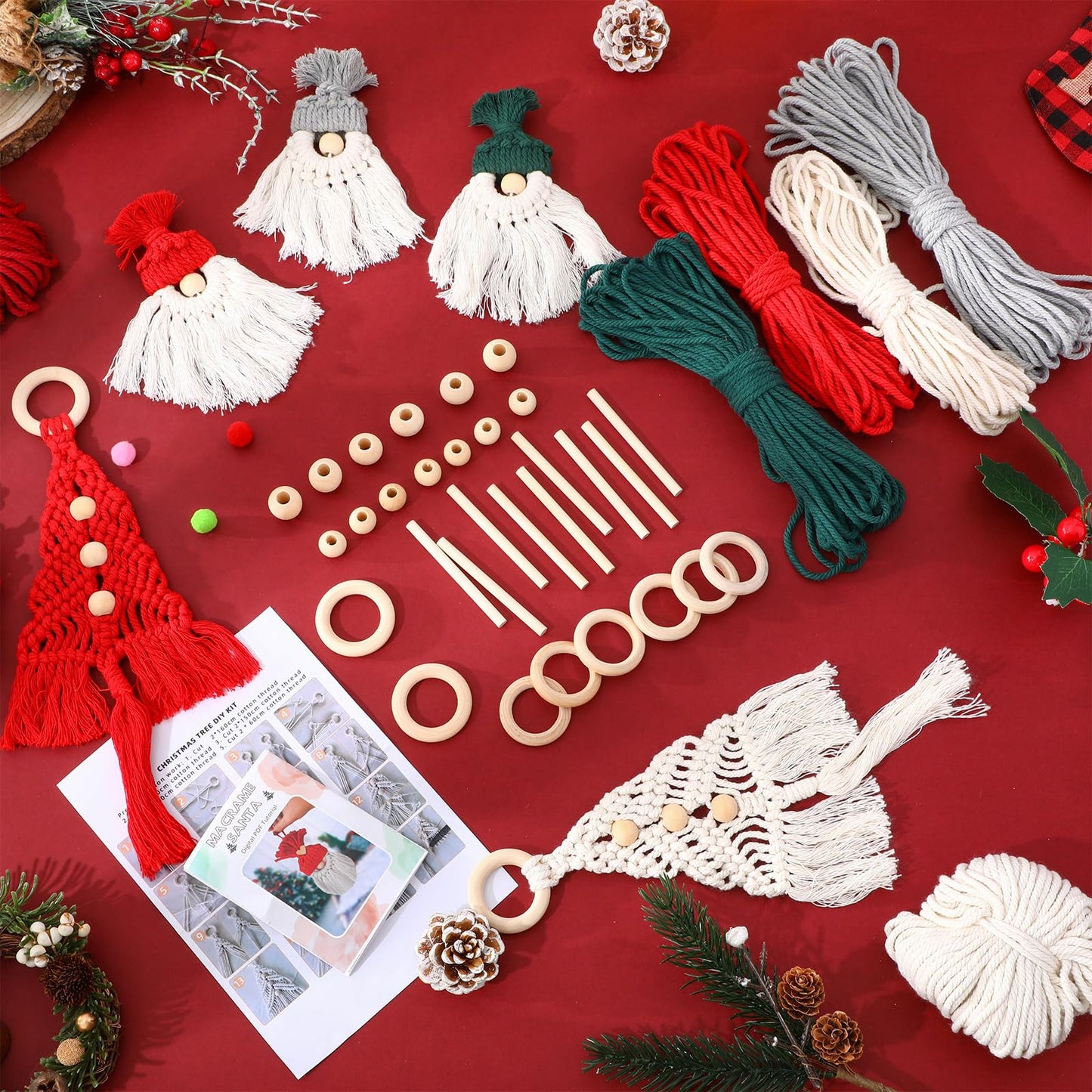 Suncalla 12 Set DIY Christmas Macrame Gnomes Santa Claus Kit DIY for Christmas Tree Decor Xmas Tree Hanging Ornament Kit Handmade Products for Beginners Adult Crafts Instructions Included