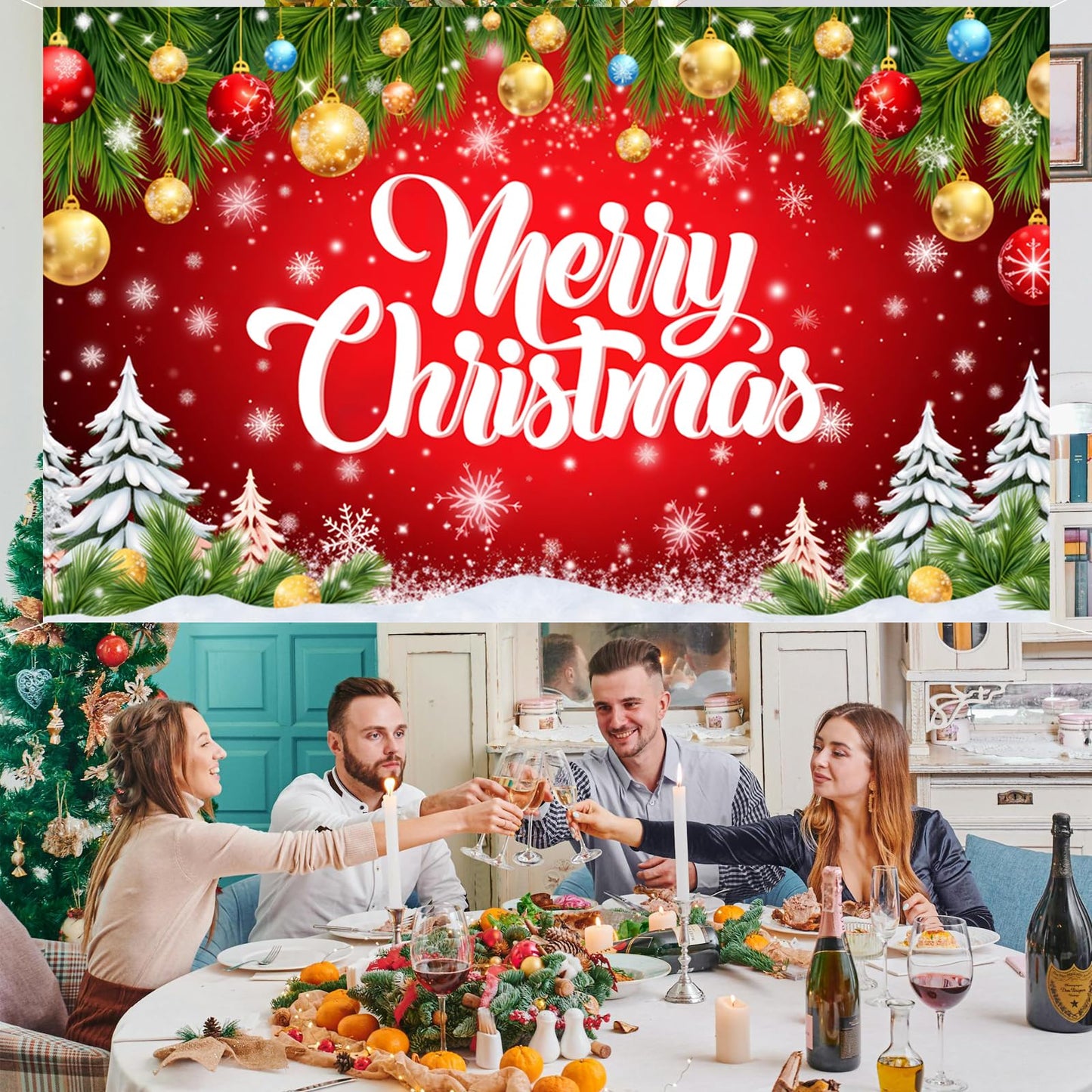 Merry Christmas Banner 71 x 43 Inch Decoration – Large Red Christmas Photography Background Backdrop for Indoor Outdoor Xmas Party Decorations, Fireplace, Wall, and Photo Booth