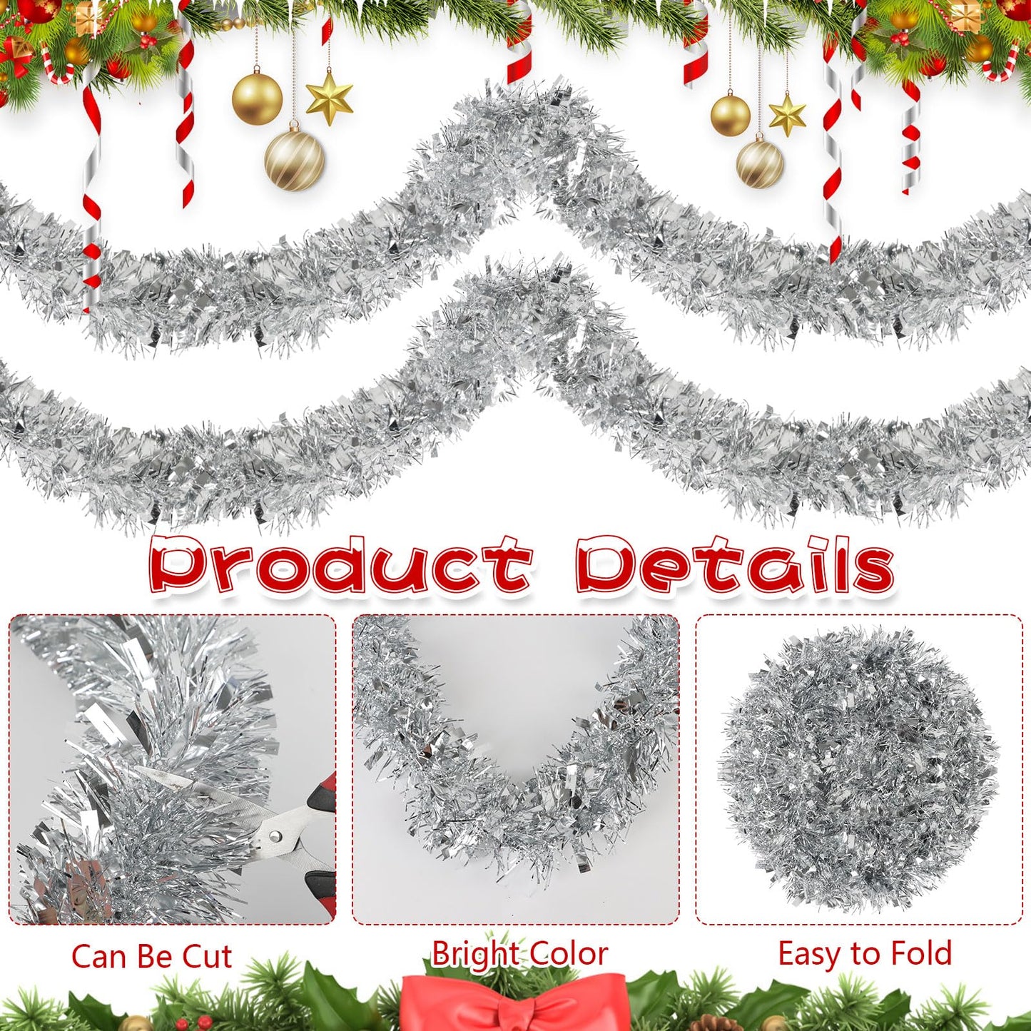 CCINEE Christmas Tinsel Garland, 50 Feet Silver Metallic Foil Hanging Tinsel Twist Garland for Xmas Tree Home Mantle Stair Fireplace Holiday Party Indoor Outdoor Christmas Decoration