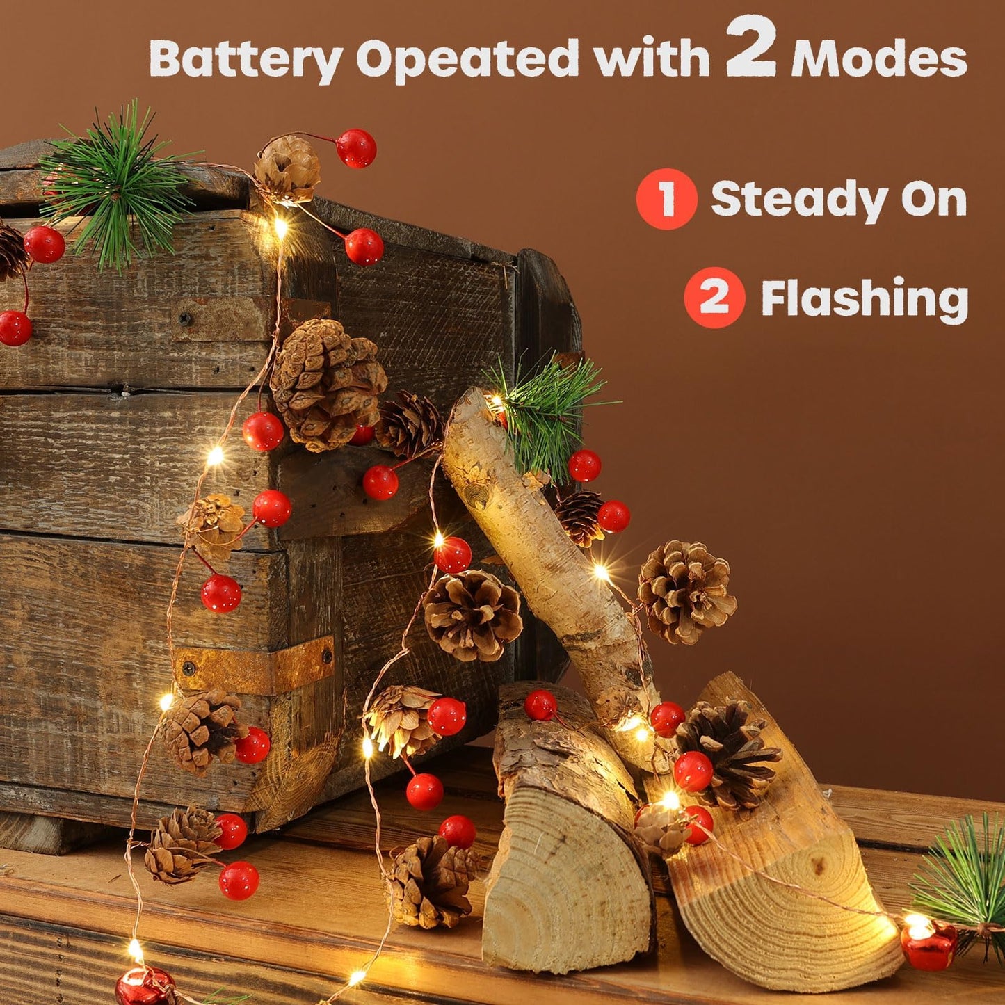Christmas Garland with Lights, 6.6FT Pinecones Christmas String Lights with Red Berries, Bells & Needles, 20 LED Battery Operated Prelit Garland for Christmas Decorations Indoor/Outdoor (Warm White)