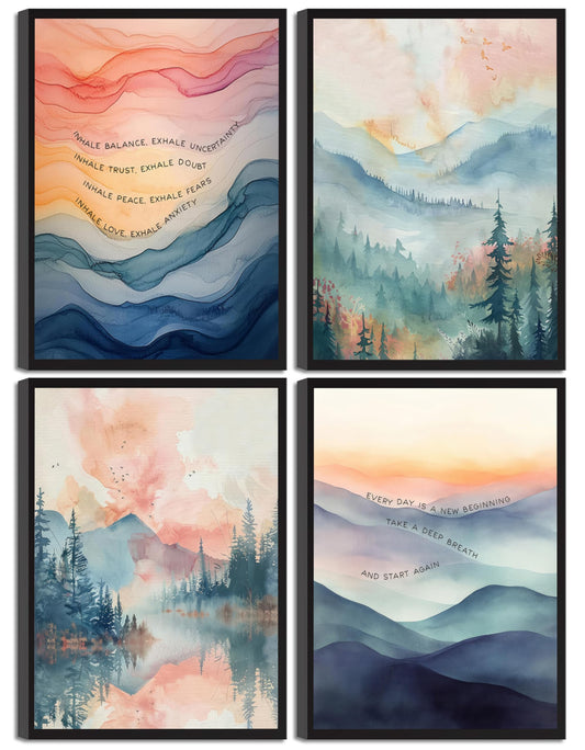 4pcs Mental Health Inhale Exhale Meditation Wall Art Abstract Watercolor Painting Picture Wall Decor Therapy Office Pictures Poster Print Artwork for Meditation Room Calming Corner Decoration Unframed