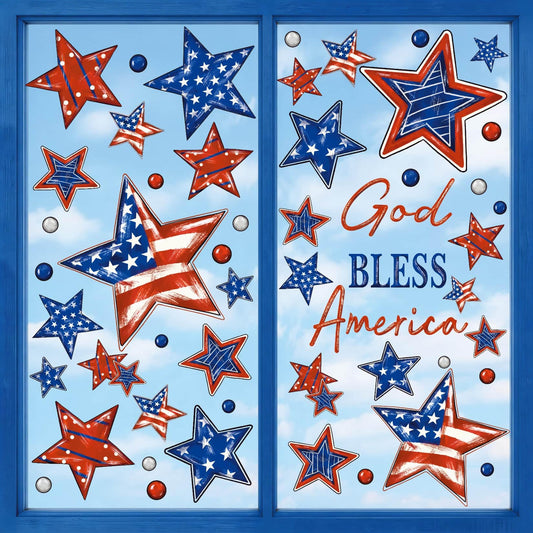 Patriotic Window Clings Red Blue Stars God Bless America Window Stickers Double-Side Glass Decals for Home Office School Independence Day Party Decor,6 Sheets