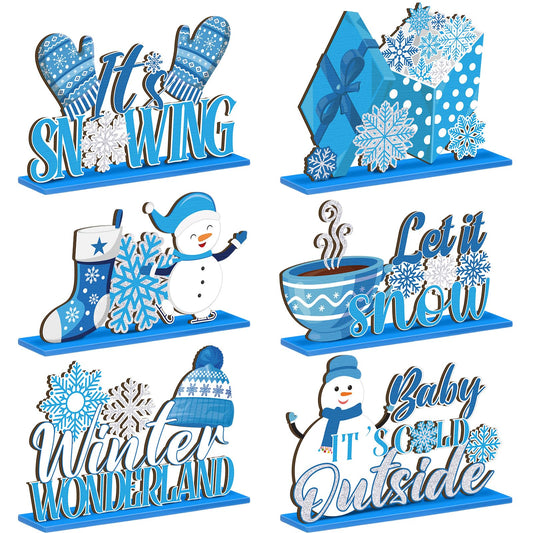 Suzile 6 Pcs Winter Wooden Table Decorations Snowflake Snowman Wooden Centerpieces for Party Winter It's Snowing Theme Christmas Birthday Party Baby Is Cold Outside Supplies