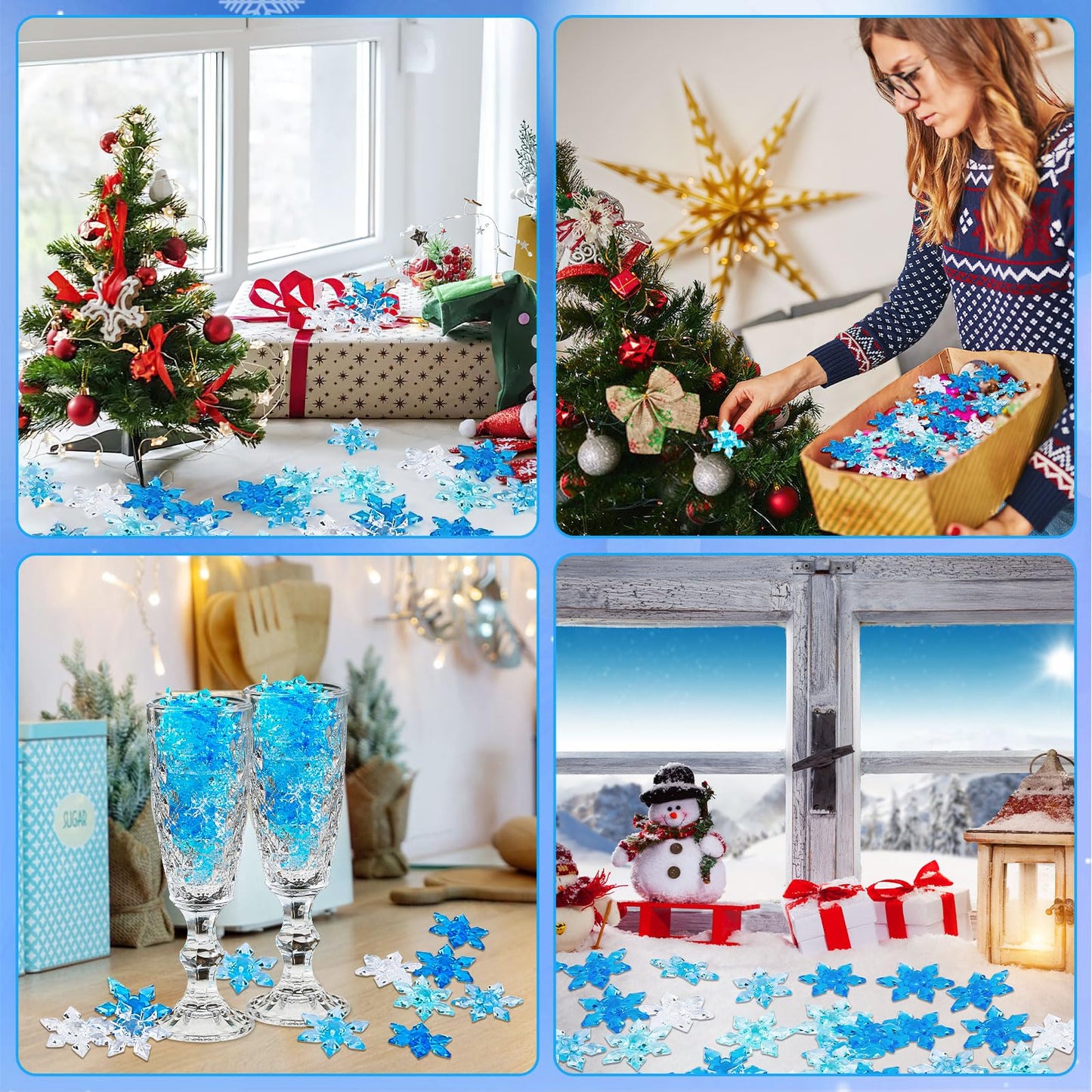 BOARDFEB 120Pcs Winter Acrylic Snowflake Ornaments 3D Blue Translucent Snowflake Crystals Gems Christmas Xmas Pendant Beads DIY Crafts for Vase Filler, Party Wedding Arts Crafts Decoration