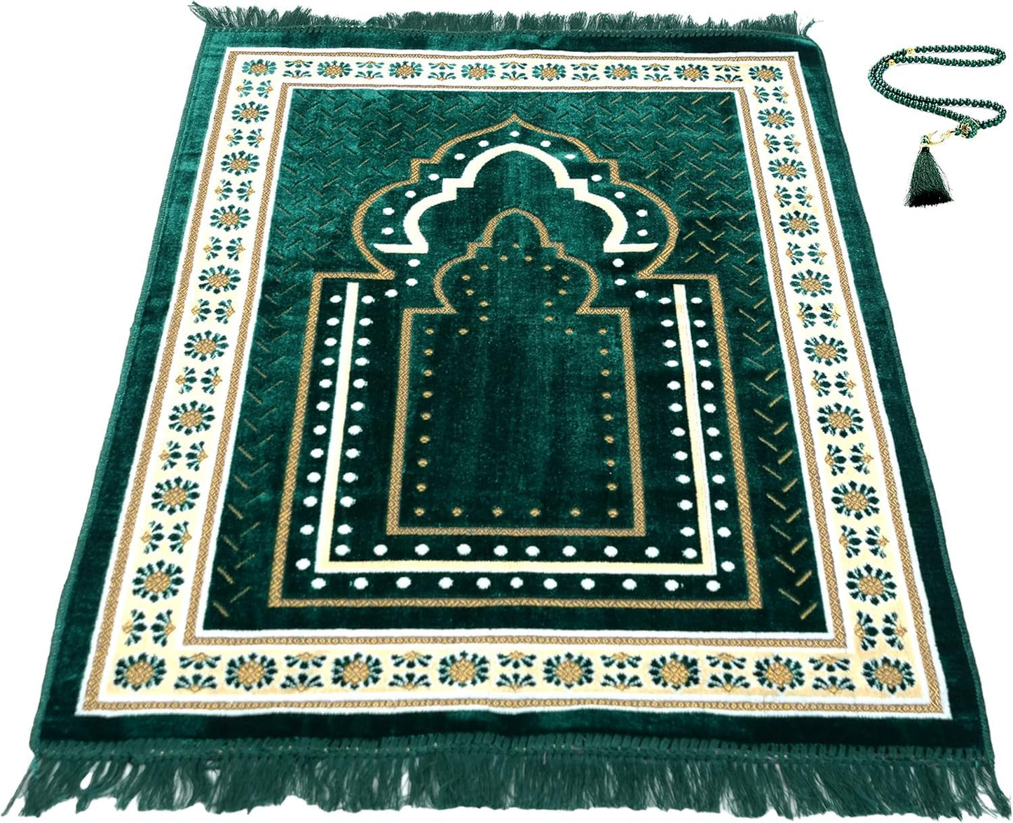 Prayer Mat Rug for Muslim Men, Women or Kids, Portable Praying Mat and Prayer Beads Sets for Islamic Gifts – Muslim Prayer Rug For Ramadan, Umrah, Hajj - Turkish Rug for Meditation and Worship (GREEN)