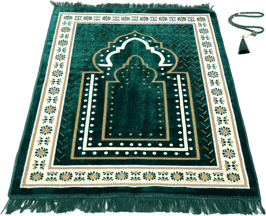 Prayer Mat Rug for Muslim Men, Women or Kids, Portable Praying Mat and Prayer Beads Sets for Islamic Gifts – Muslim Prayer Rug For Ramadan, Umrah, Hajj - Turkish Rug for Meditation and Worship (GREEN)