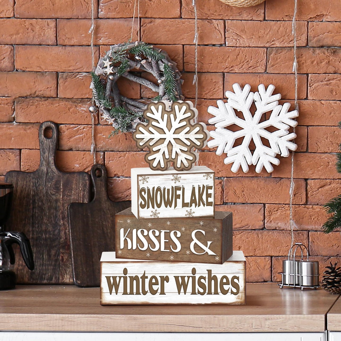 Huquary 4 Pcs Winter Table Decorations Snowflake Tiered Tray Decor Baby It's Cold Outside Sign Christmas Centerpiece Snow Block Signs Table Decor Winter Tabletop Signs(Warm Style)