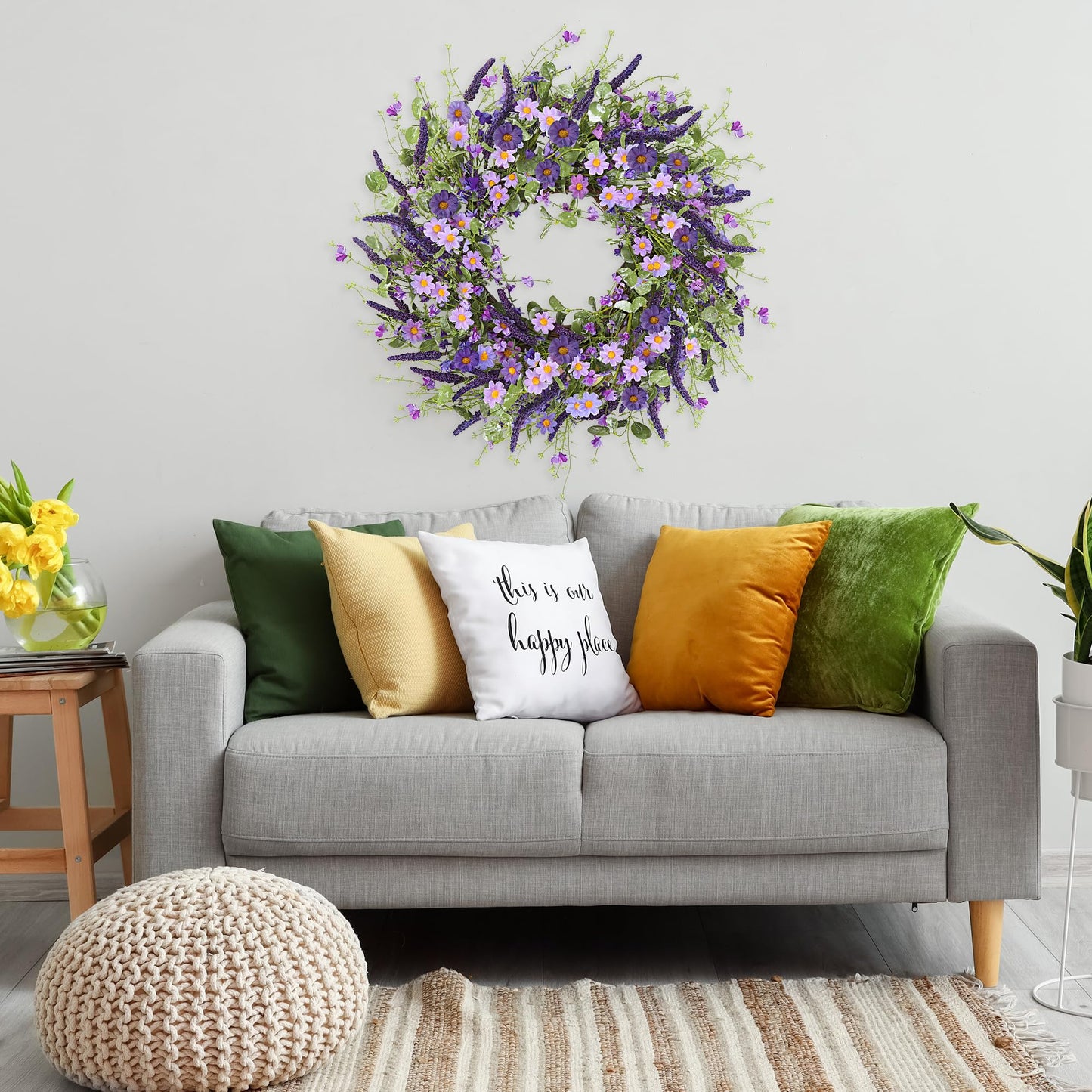 Sggvecsy Purple Daisy Wreath 24 Inch Spring Summer Wreath with Fake Silk Floral Green Eucalyptus Leaves and Lavender for Front Door Window Wall Wedding Farmhouse Festival Decor