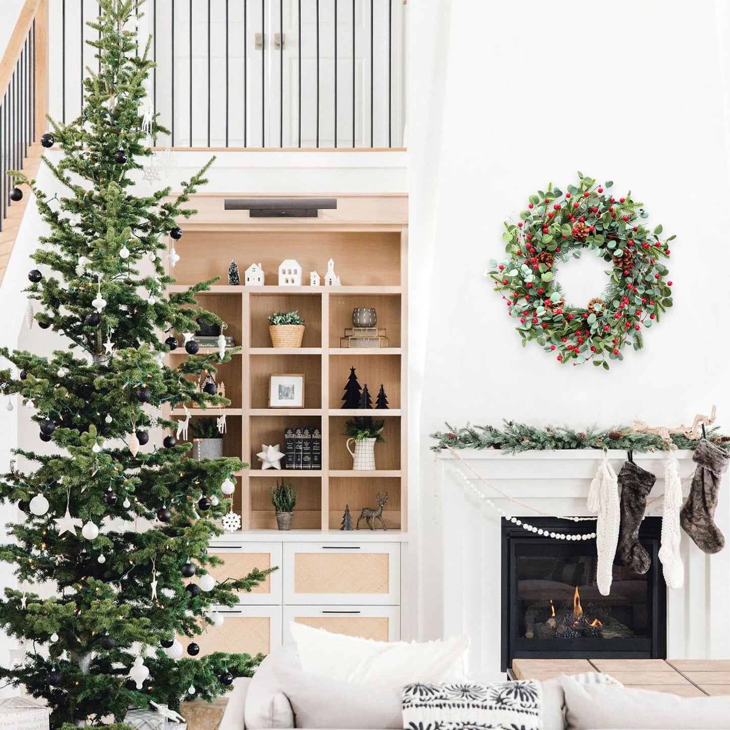 Idyllic Christmas Wreath for Front Door,20" Winter Wreath with Pine Cones Red Berries and Eucalyptus, Winter Decorations for Everyday Farmhouse Window Outdoor/Indoor