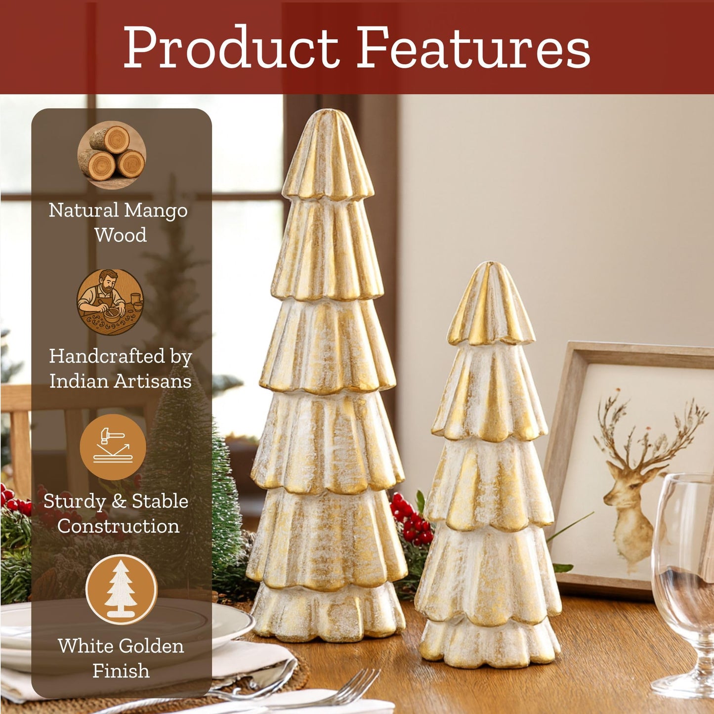 Mie Creations Christmas Tree Figurines, Set of 2 Wooden Decorative Trees for Home, Living Room, Table Centerpiece, Fireplace Mantel, Xmas Indoor Decor, Elegant White & Gold Christmas Trees-11,8 inch