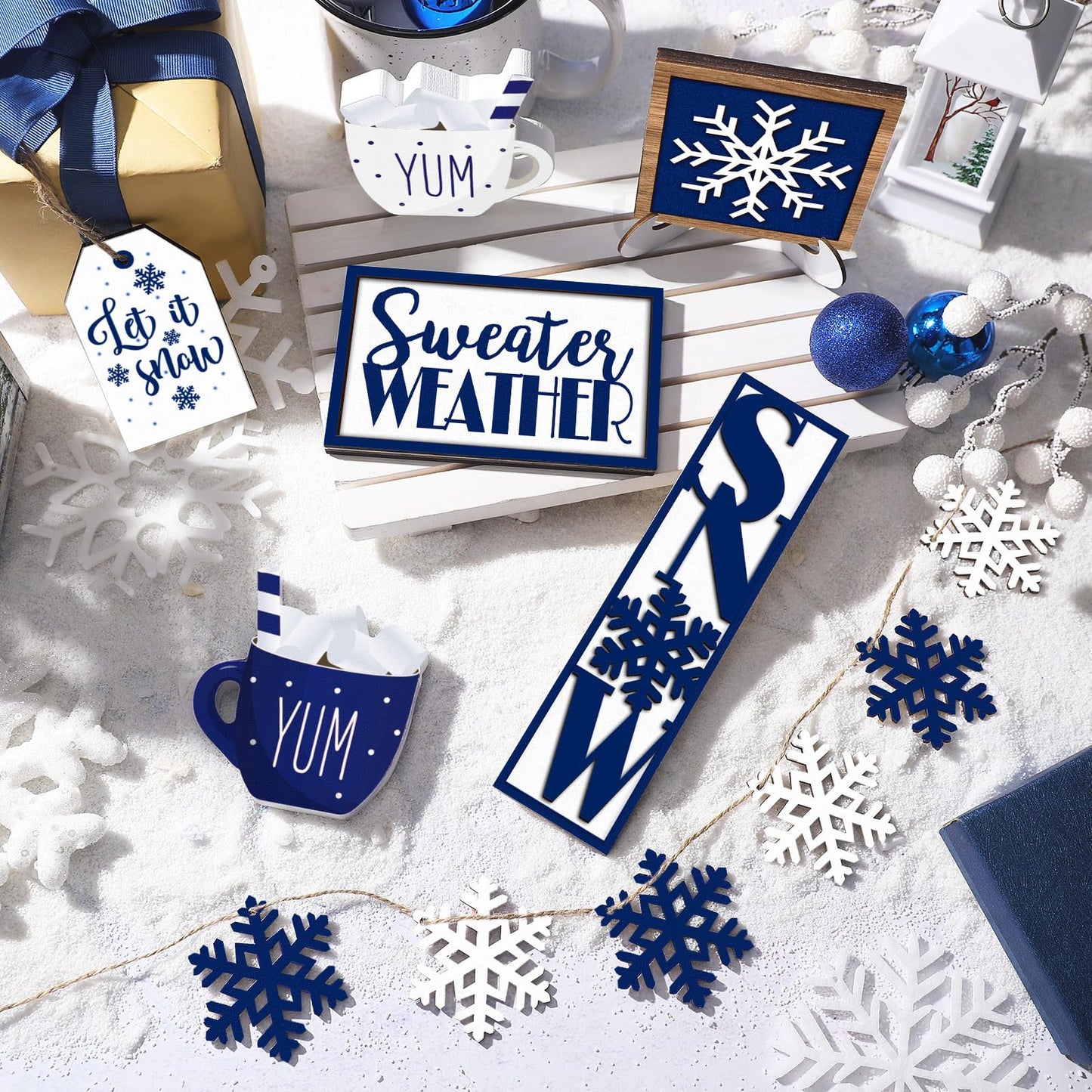 Jetec 12 Pieces Winter Tiered Tray Decor Set Snowflake Wooden Sign Let It Snow Table Decorations Farmhouse Coffee Bar Signs Tray Decor for Home Kitchen Tabletop(Blue)