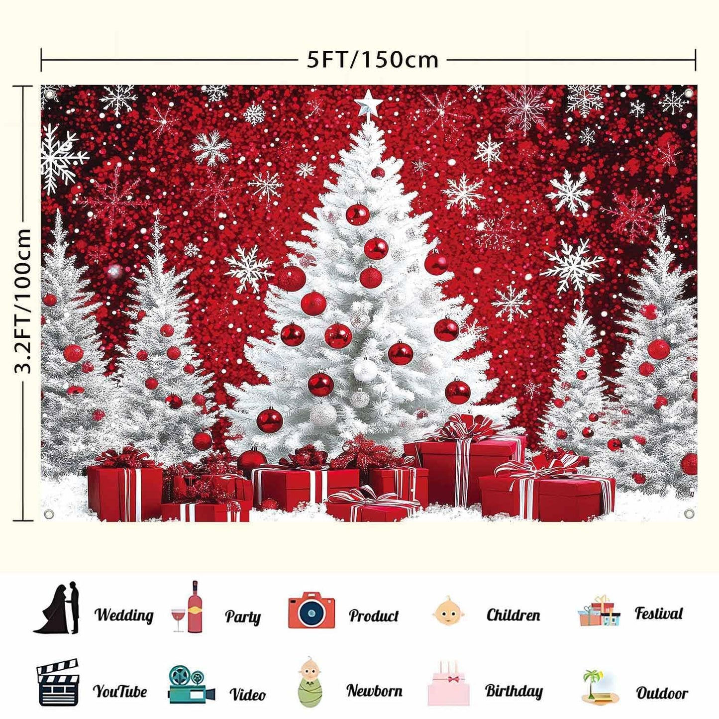 LDWLYW Snowy Christmas Backdrop Merry Christmas Holiday Birthday Party Decorations Banner Large Red White Snow Xmas Tree Winter Photography Background Wall Decor Photo Props 5x3ft