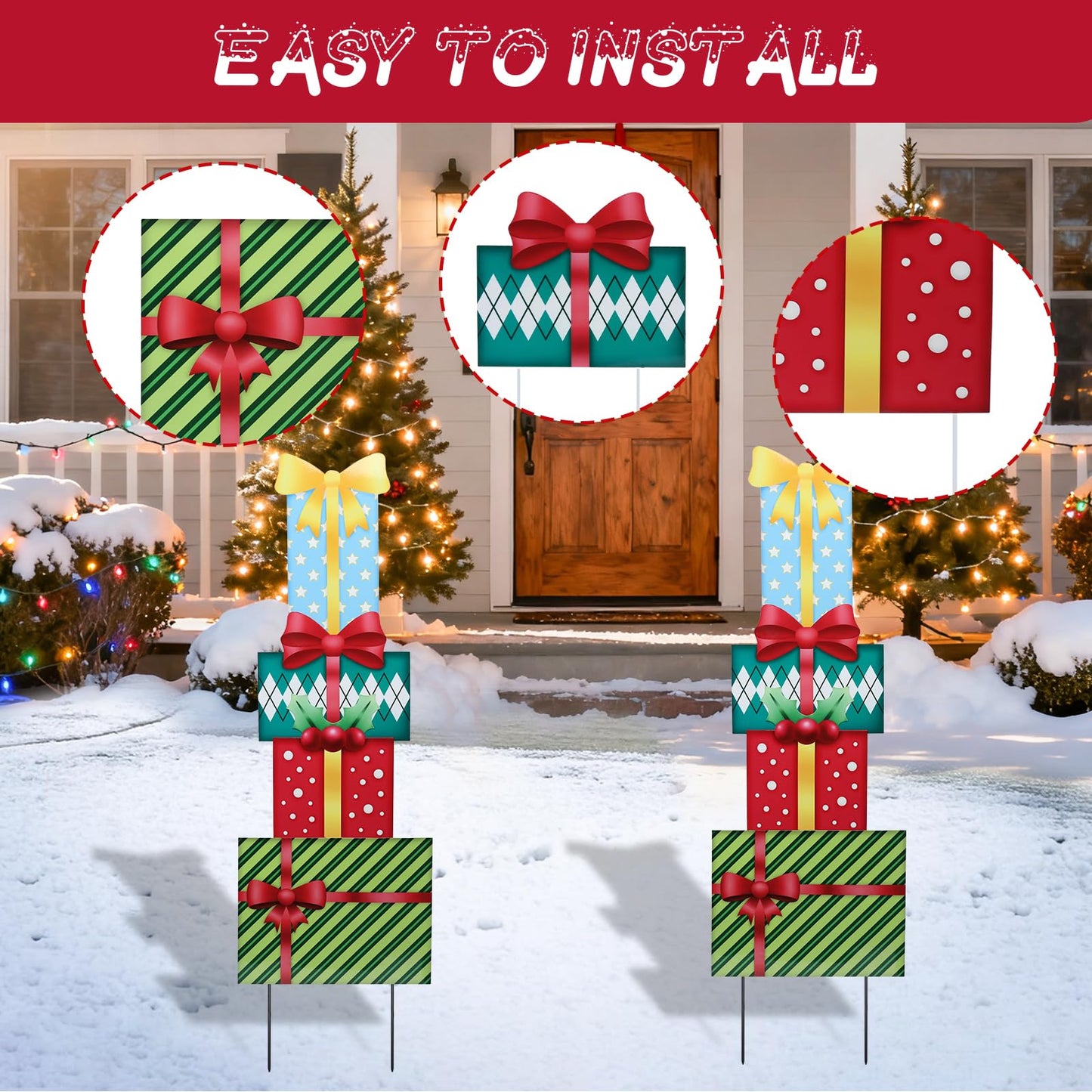 Bshine Outdoor Christmas Decoration Yard Sign, 41.5" Box Metal Stakes, Stackable Gift Boxes for Holiday Home Xmas Outdoor Garden, Lawn, Patio, Porch Decor, 4 Pack