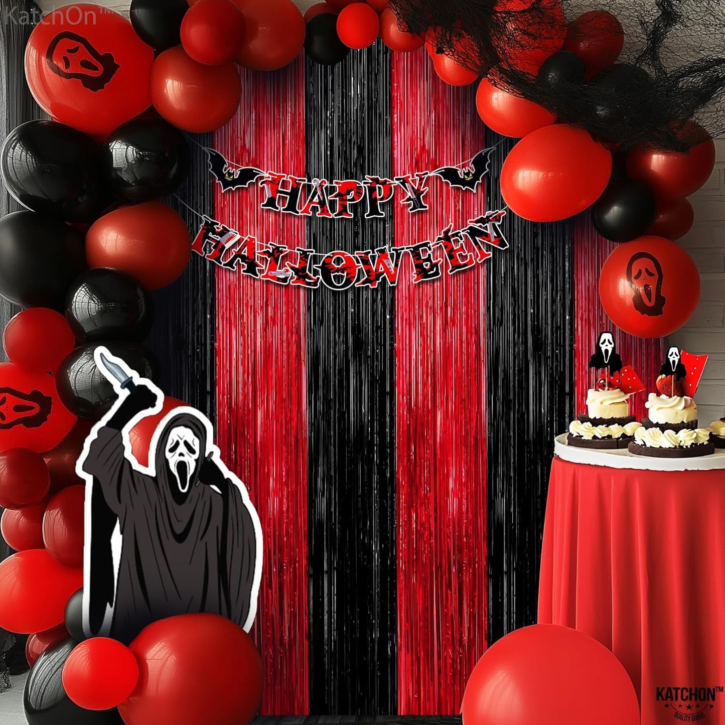 KatchOn Red and Black Fringe Curtain - 6.4x8 Ft Pack of 2 | Red and Black Streamers for Casino Theme Party Decorations | Foil Fringe for Anniversary, Bachelorette | Graduation Decorations 2026