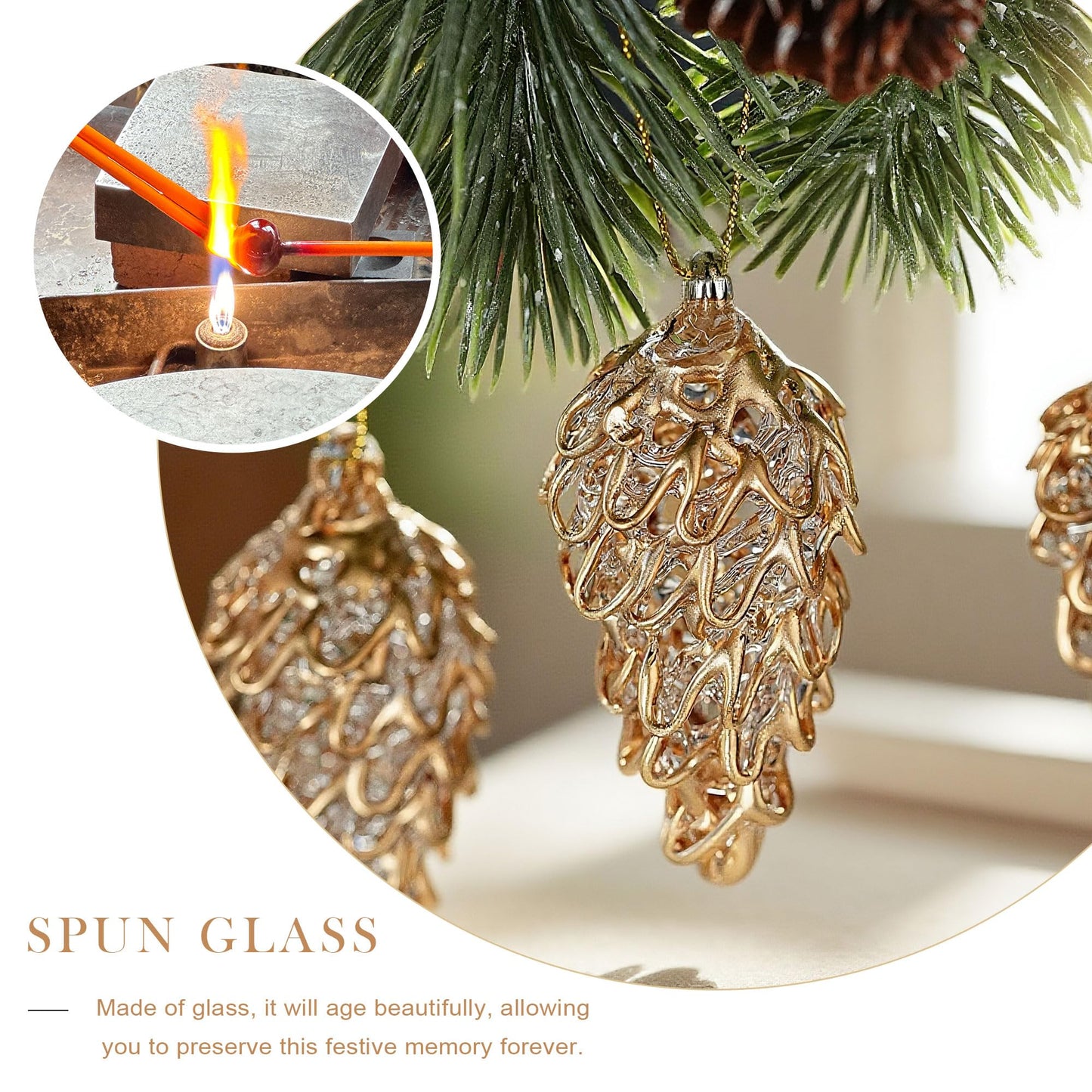 Spun Glass Pine Cone Christmas Ornaments for Tree, Crystal Pinecone Ornament Bulk for Christmas Tree, 2025 Blown Glass Home Decor Xmas Gift, Set of 6 Winter Decor