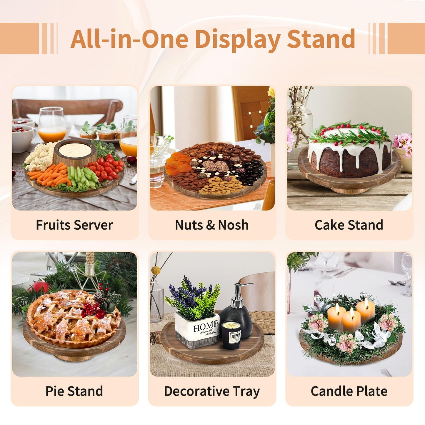NUPTIO Wooden Rustic Cake Stand: 9.5" Round Cake Pedestal Holder 4 in 1 Vintage Cupcake Stand Serving Tray Dessert Display Plate for Wedding Halloween Christmas Easter Birthday Party - 8 Inch Cake