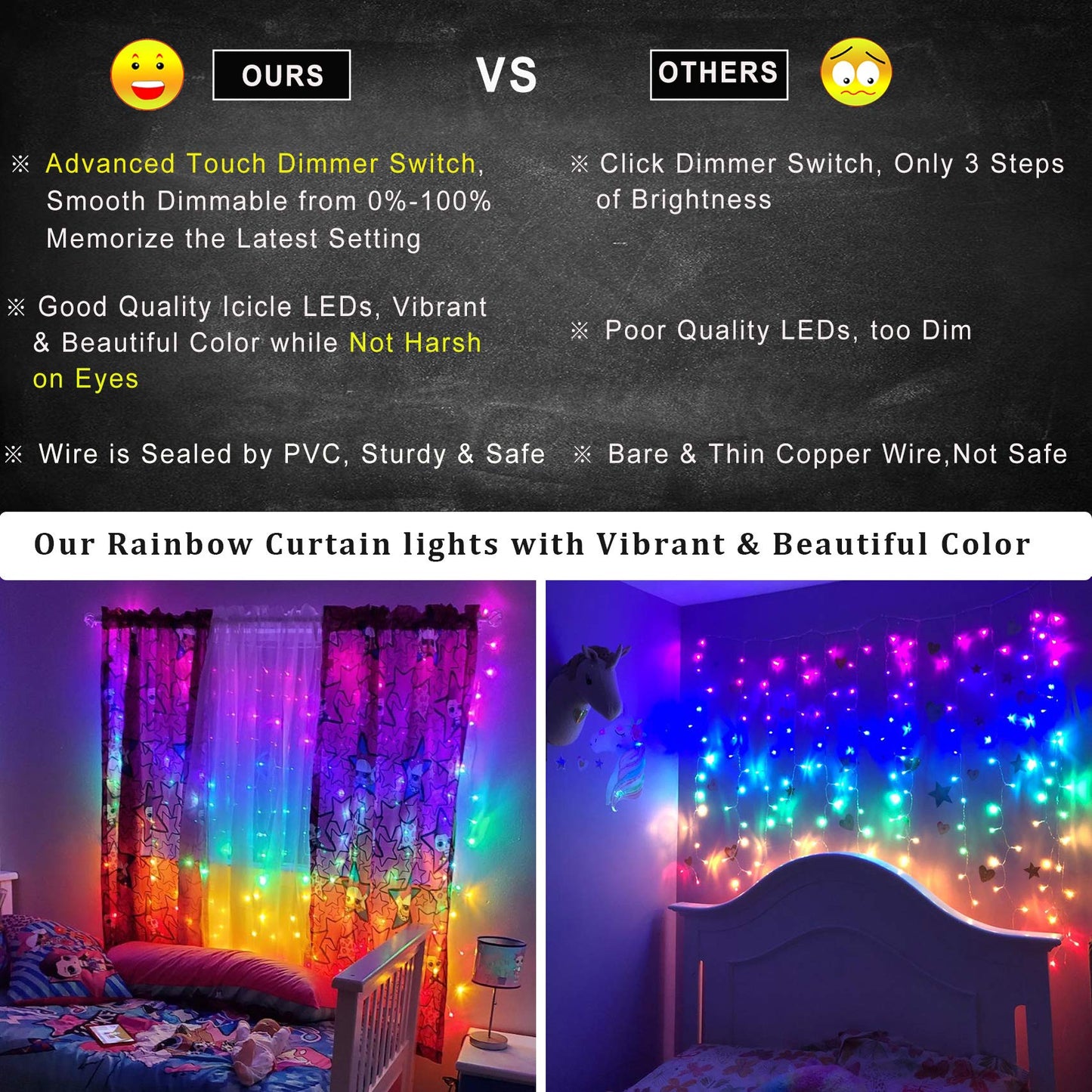 CoziTech Rainbow Fairy String Curtain Lights with Touch Dimmer Switch, Hanging LED Icicle Rainbow Lights Curtain for Girls Bedroom, Kids Room, Unicorn Room, Birthday, Holiday Décor Christmas Gift