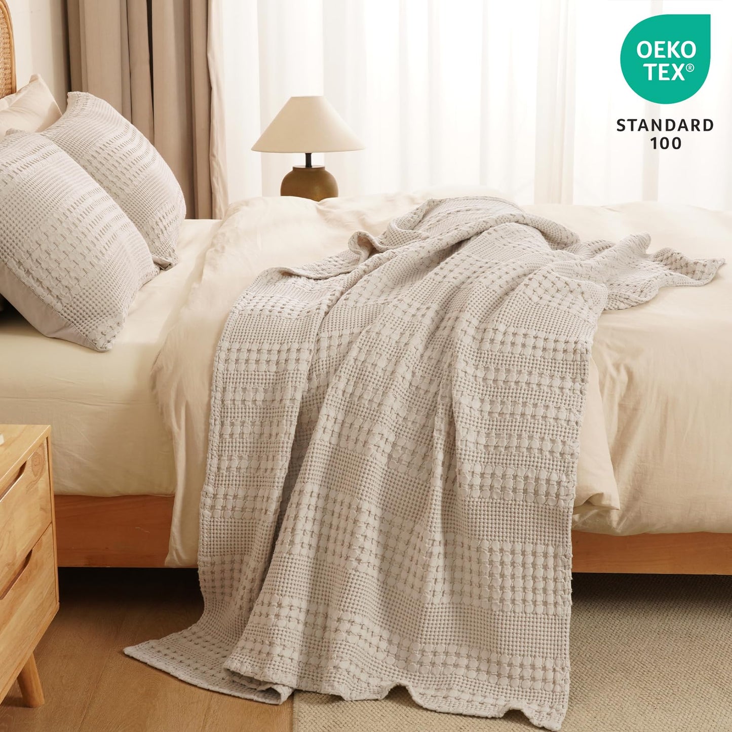 PHF 100% Cotton Waffle Weave Throw Blanket, Soft Lightweight Breathable Cozy Throws for Couch Bed Sofa, Luxury Aesthetic Blanket Gift for Home Decor & Office, 50"x60", Light Taupe/Oatmeal