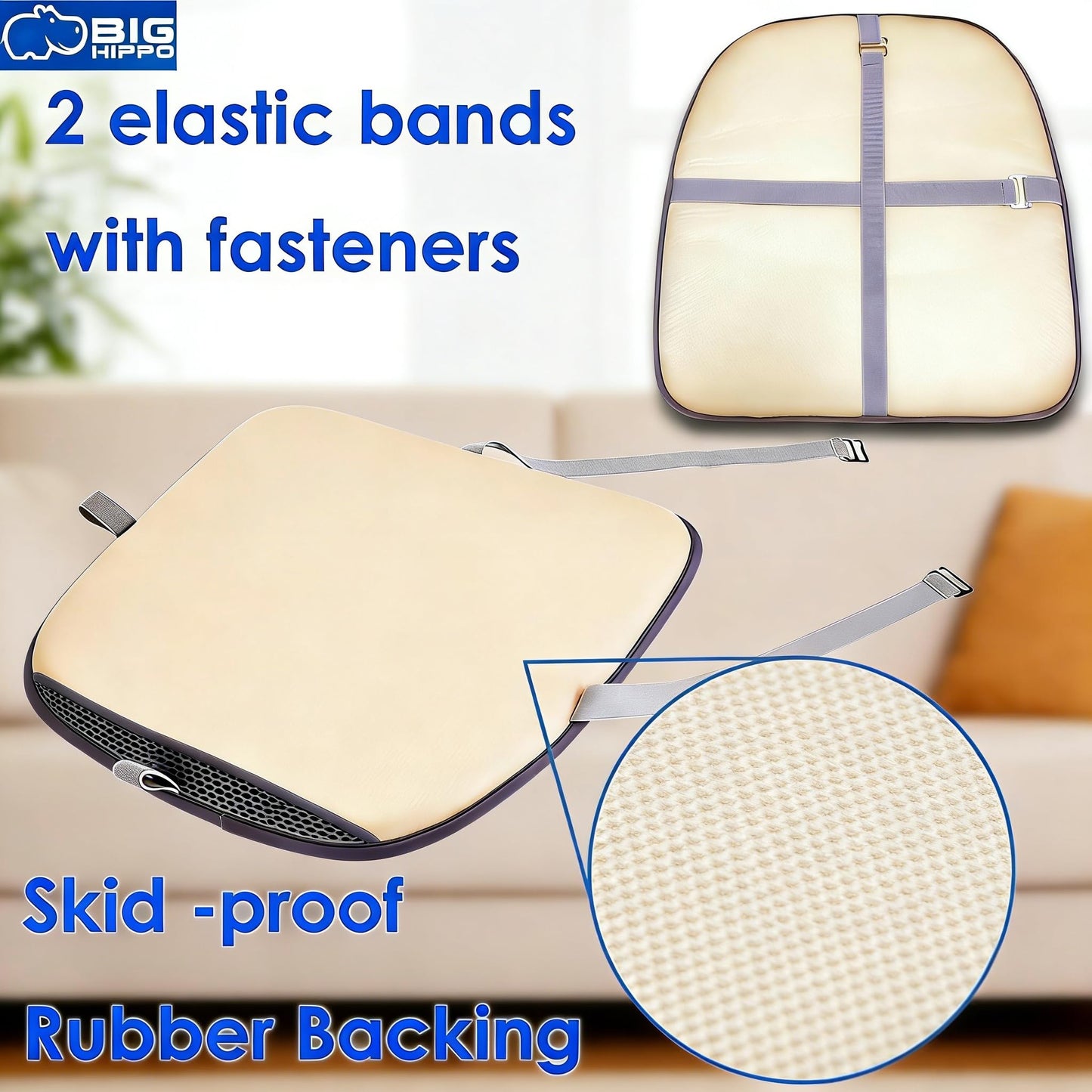Big Hippo Chair Pads, Memory Foam Chair Seat Cushion Non Slip Rubber Back Thicken Chair Padding with Elastic Bands for Home Office Outdoor Seats (Brown-1pc)