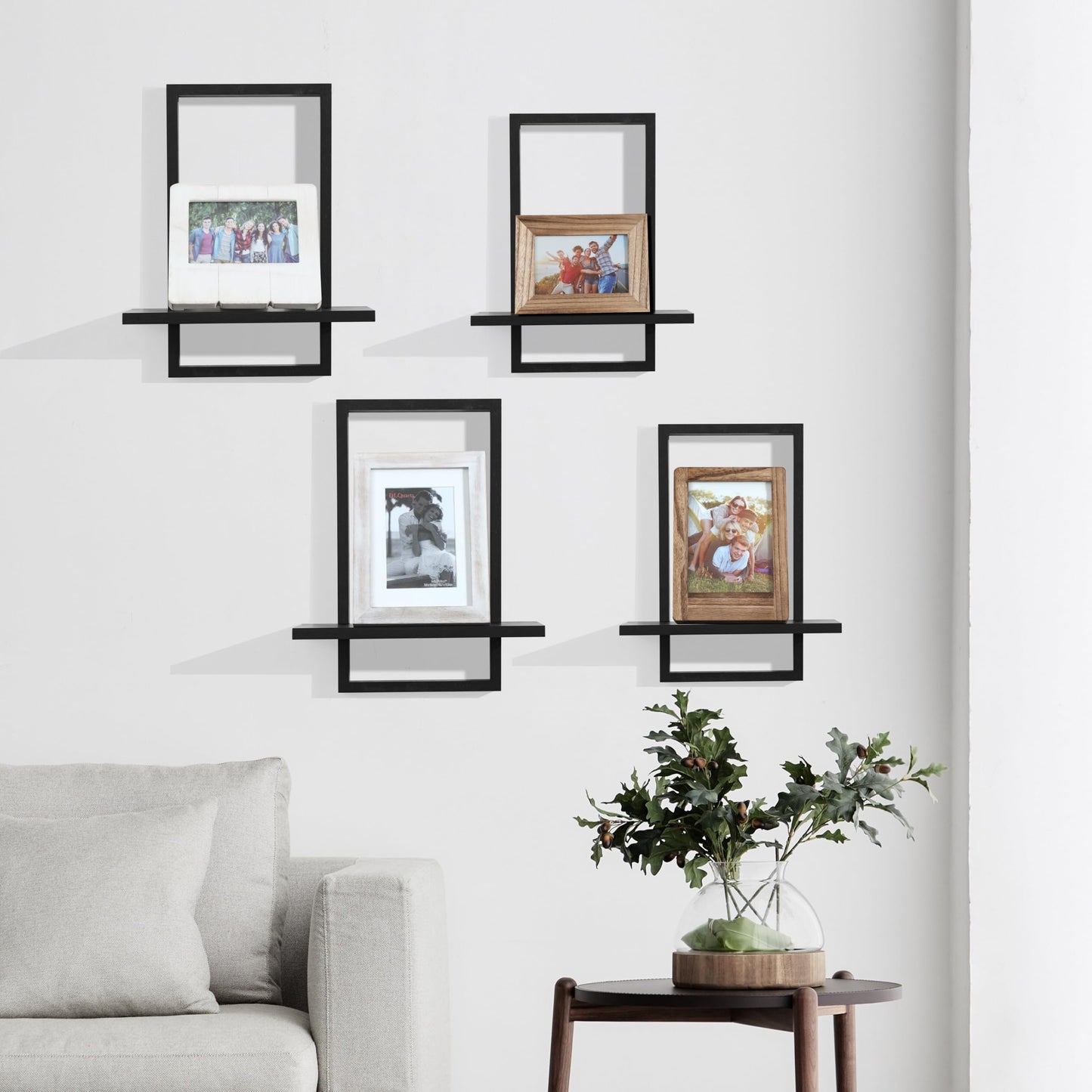 PHOENANCEE Square Floating Shelves,Wall Plants Holder,Bathroom Wall Decor,Framed Decorative Shelf Black,Modern Chic Set of 2 for Living Room Bedroom Home Office,Soild Wood,L+S