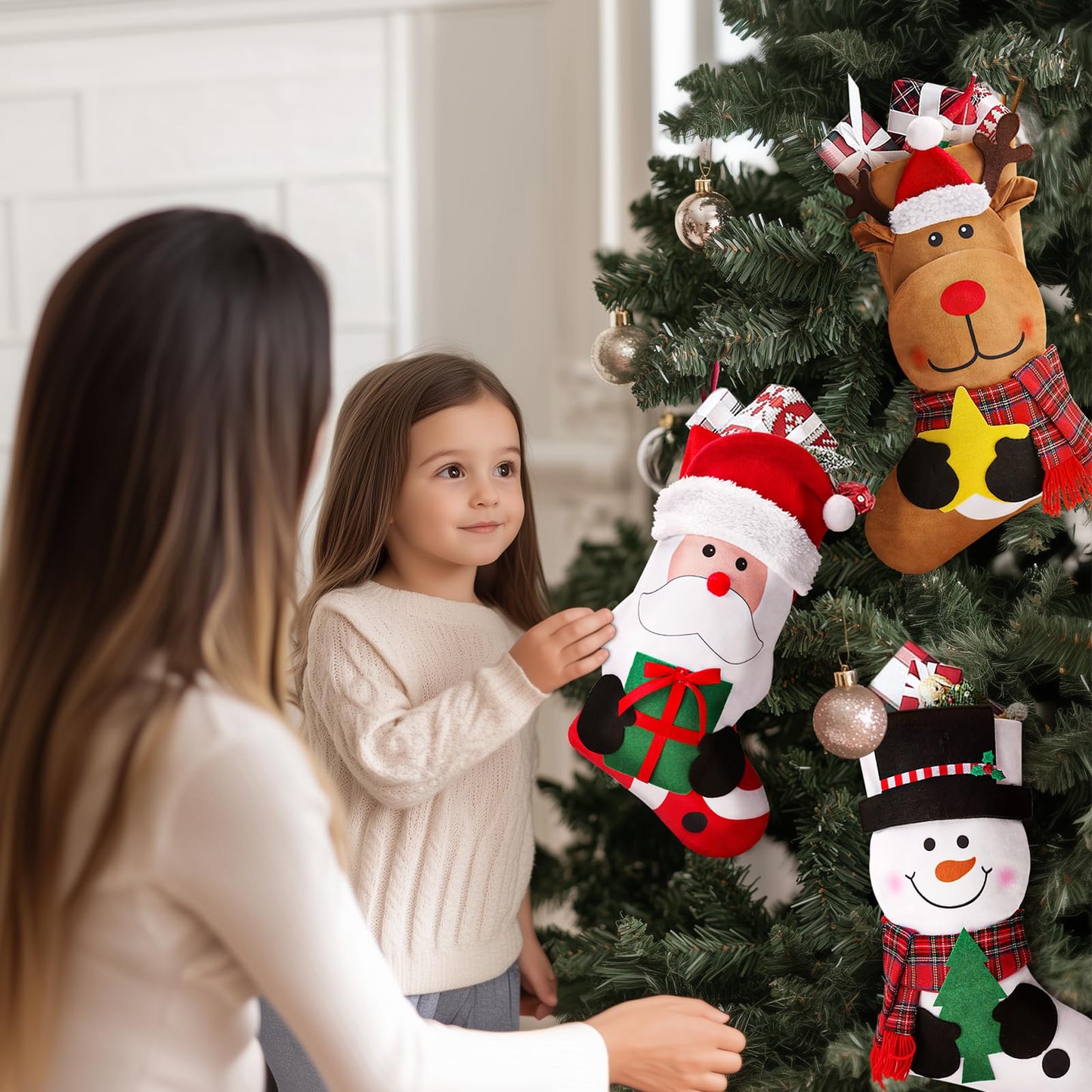 EverMerry 3 PCS 18" Christmas Stocking, Large Xmas Christmas Stockings Santa, Snowman, Reindeer Character for Holiday Party Fireplace Home Decorations