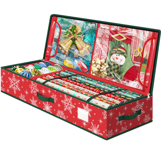 StorageRight Wrapping Paper Organizer Storage Container, Christmas Gift Wrapping Paper Storage Box for Paper Ornaments，Paper Storage Holder for Holiday Decoration Snowflake/Red