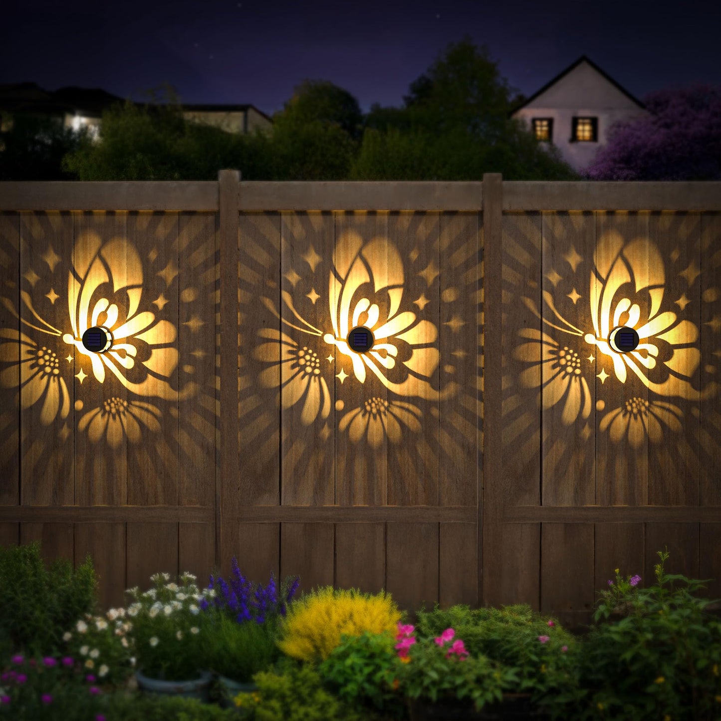 Hapjoy Solar Fence Lights 2 Pack Outdoor Deck Step Wall Lights Metal Waterproof LED Warm Yellow Light for Garden Post Patio Backyard Yard Decor (Butterfly-Flower, 2)
