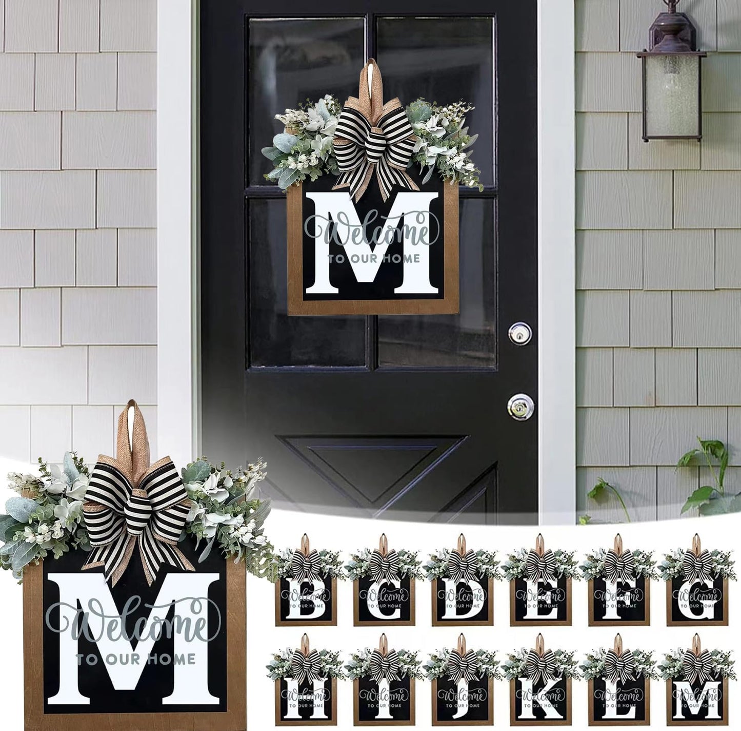 Last Name All Year Round Front Door Wreath with 26 Initial Letter Welcome Sign All Seasons Eucalyptus Garland and Bow ，Farmhouse, Porch, for Spring Summer Fall All Seasons Holiday Halloween Christmas. (M)