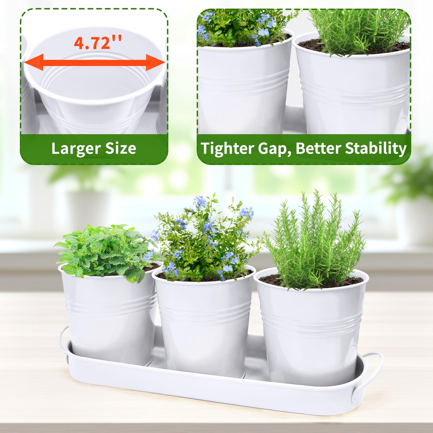 SORANGEUN Small Pots for Plants, 3-Pack 4.7 Inch White Metal Herb Pots, Mini Windowsill Planter for Succulent, Cactus, Basil, Mint, Rosemary