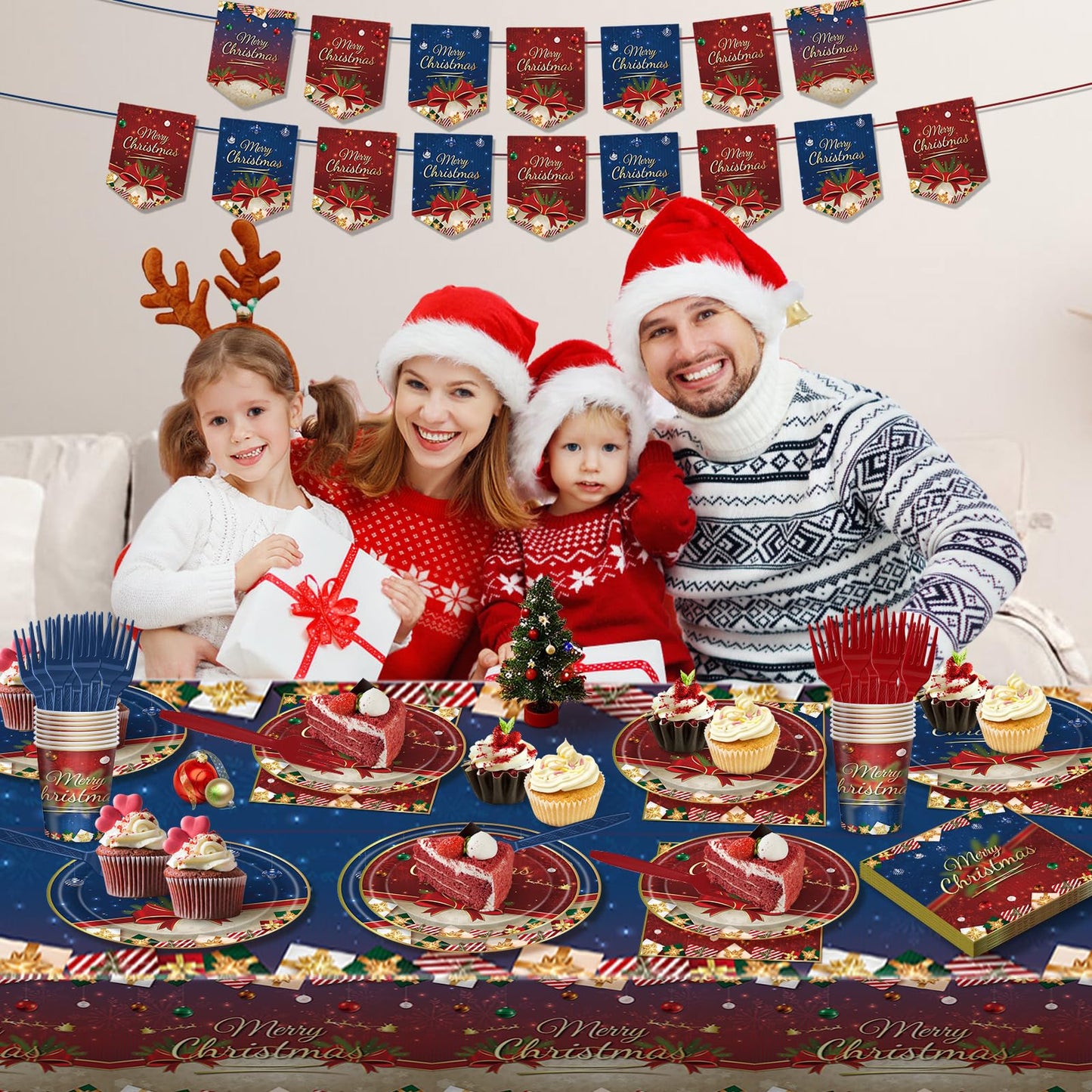 AWLZJZQA 122 PCS Christmas Party Supplies Serve 24 Guests Merry Christmas Plates and Napkins Party Decorations Disposable Dinnerware Set Decor Red and Blue