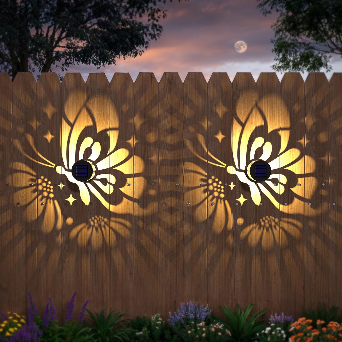 Hapjoy Solar Fence Lights 2 Pack Outdoor Deck Step Wall Lights Metal Waterproof LED Warm Yellow Light for Garden Post Patio Backyard Yard Decor (Butterfly-Flower, 2)