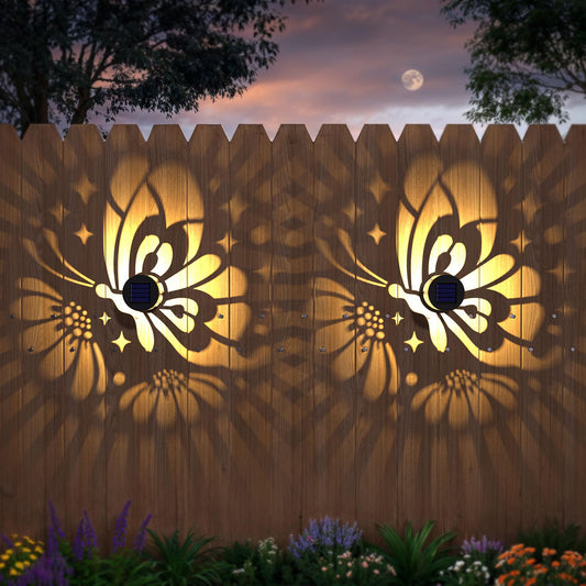 Hapjoy Solar Fence Lights 2 Pack Outdoor Deck Step Wall Lights Metal Waterproof LED Warm Yellow Light for Garden Post Patio Backyard Yard Decor (Butterfly-Flower, 2)