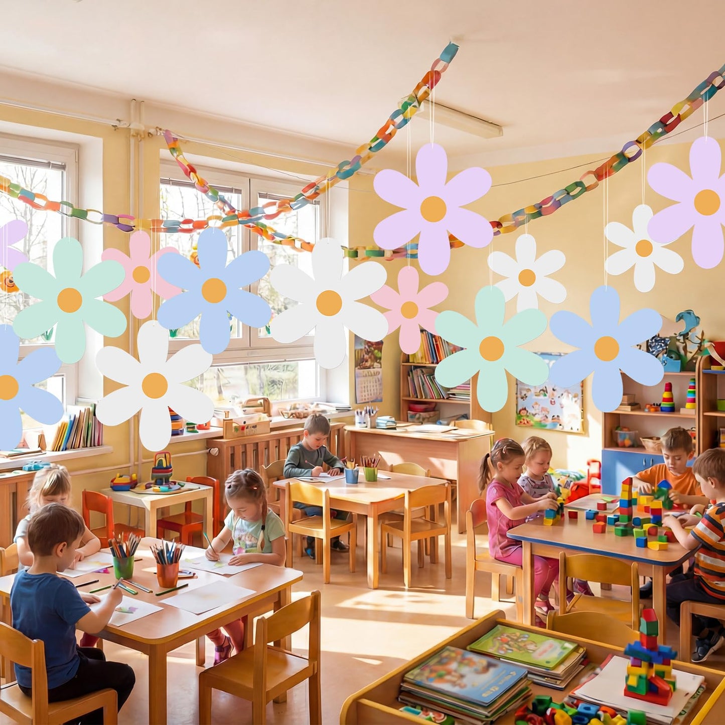 Chinco 30 Pcs Daisy Hanging Decorations for Ceiling Hippie Hanging Garland for Birthday Wedding Party Baby Shower Bridal Shower Home Flowers Party Supplies (Pastel Daisy)