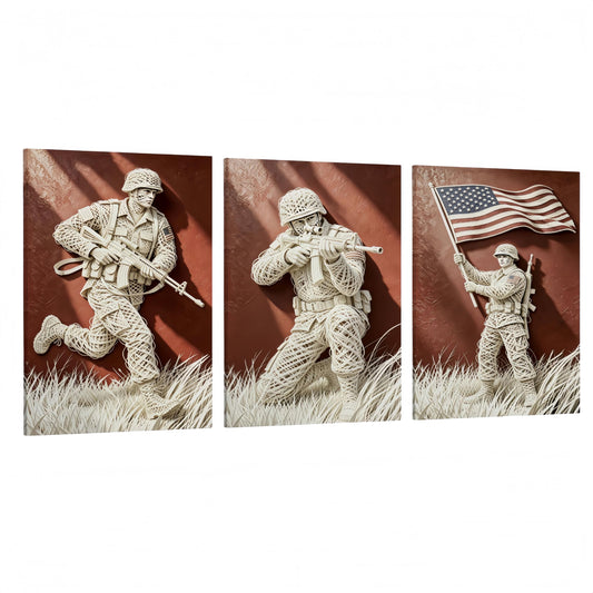DIIMOST 3 Piece Faux Wire Art US Soldier Canvas Triptych, Patriotic Military Decor Set for Large Wall, Living Room, Office & Veteran Gift，(16×24inch*3)