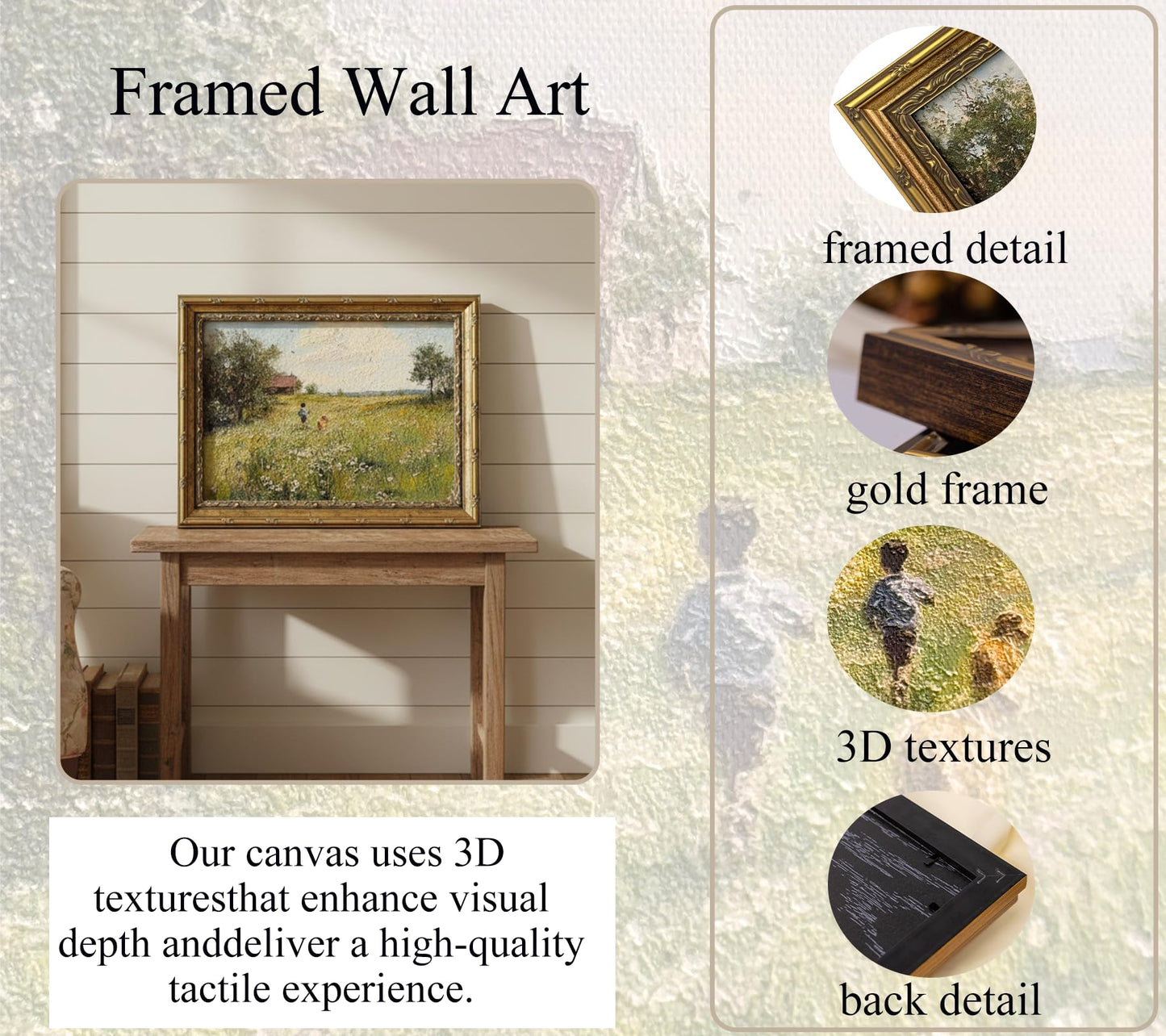 Gold Framed Vintage Country Canvas Wall Art 3D Textures Boy and Dog Running in Flower Field Painting Picture Farmhouse Landscape Wildflower Print Wall Decor for Bedroom Living Room Decoration 9x11in