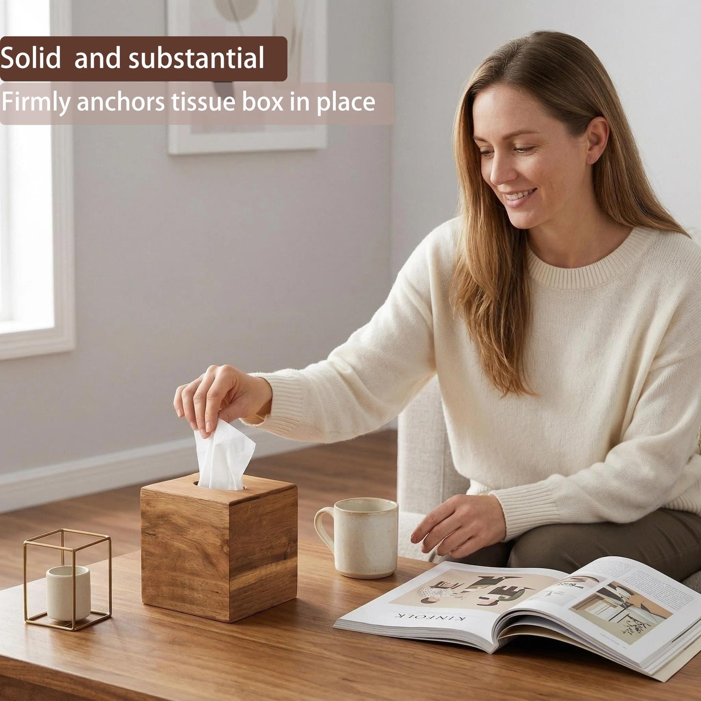 Chicvilla Tissue Box Cover Square, Acacia Wood Tissue Box Holder with Slide-Out Bottom, Wooden Tissue Box Cover Cube for Bathroom, Bedroom, Dinner Table, 5.5 x 5.5 x 6.1 inches