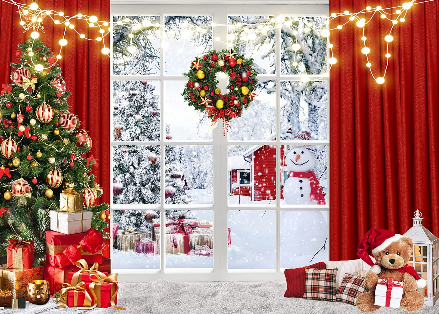 Christmas Window Backdrop 7x5ft Red Curtain Photography Backdrop Winter Xmas Party Banner Decorations Background Xmas Holiday Party Photo Booth D649