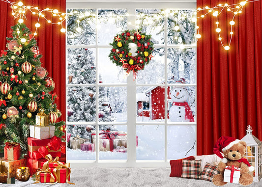 Christmas Window Backdrop 7x5ft Red Curtain Photography Backdrop Winter Xmas Party Banner Decorations Background Xmas Holiday Party Photo Booth D649