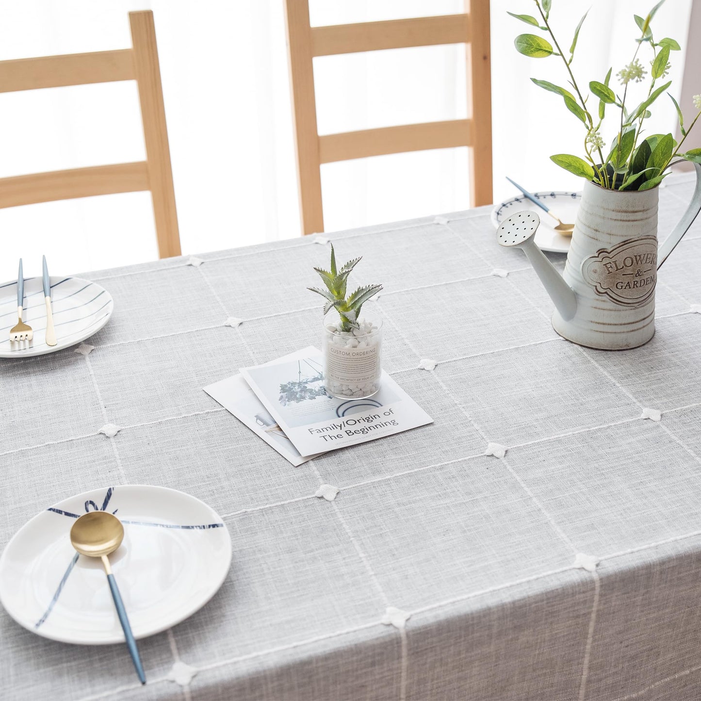 Oubonun Tablecloths for Rectangle Tables, Cotton Linen Waterproof Farmhouse Table Cloth with Boho Tassels – Wrinkle Free, Wipeable & Washable for Kitchen & Dining, 55''x70'', 4-6 Seats, Grey