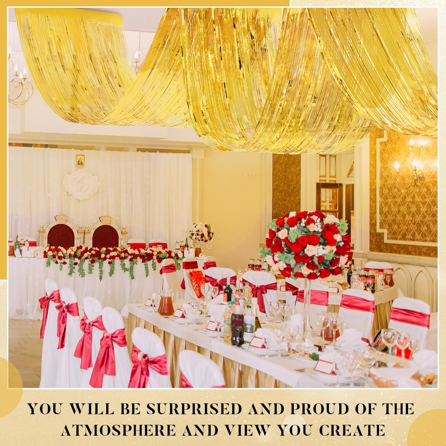 Breling 4 Pcs 15ft Gold Metallic Foil Ceiling Fringe Curtains for Bachelorette Party Decorations, Fringe Ceiling Drapes for Wedding Engagement Bridal Shower Birthday Party Engagement Decor