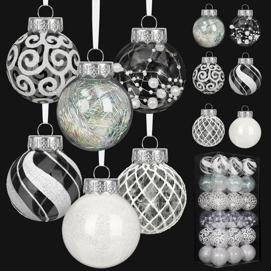 Ouddy Decor 36 Pcs Clear Christmas Ball Ornaments, 2.36" Shatterproof White Plastic Christmas Ornaments Set Decorative Hanging Transparent Baubles for Xmas Tree Holiday Party Decor, White
