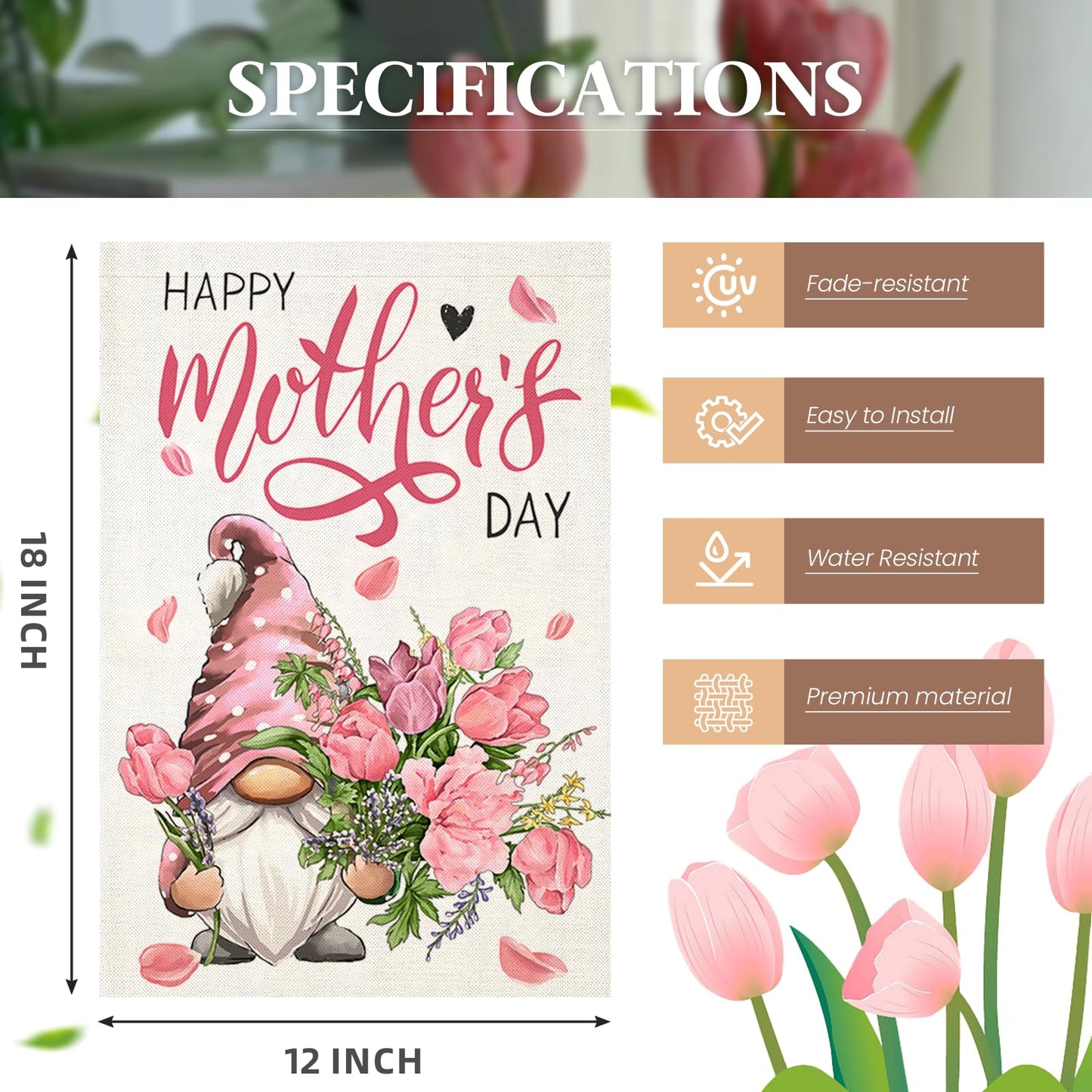Happy Mother's Day Garden Flags for Outside 12x18 Inch Double Sided,Gnome with Carnation Flowers Small Yard Flags,Gift for Mom Grandmom Spring Decoration for Farmhouse Patio Outdoor