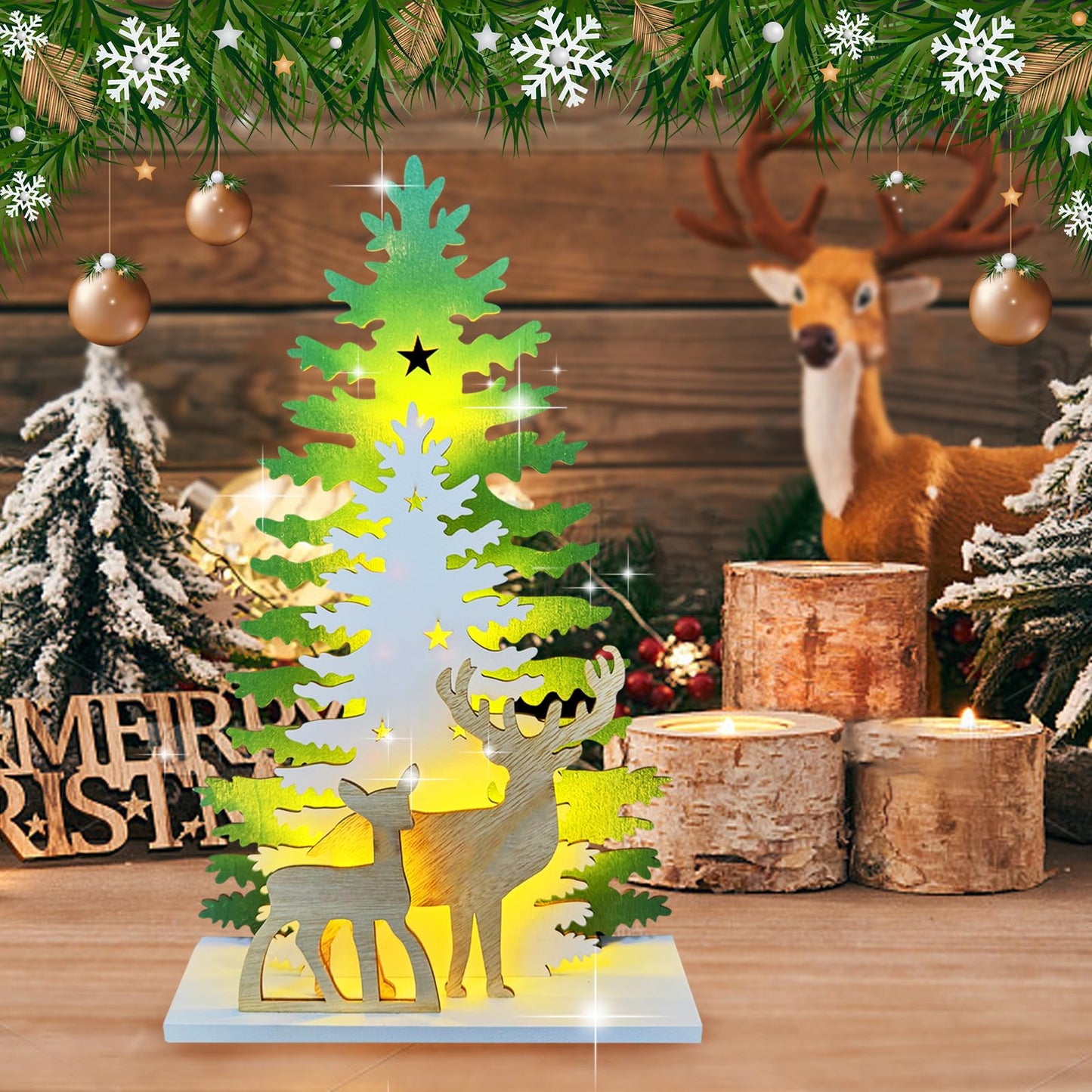 Lighted Christmas Tabletop Decorations,Supergorea,Wooden Christmas Tree and Deer Table Decor,LED Wood Craft Light 2AA Battery Powered 12.7 inch for Xmas Home Decoration(Indoor)