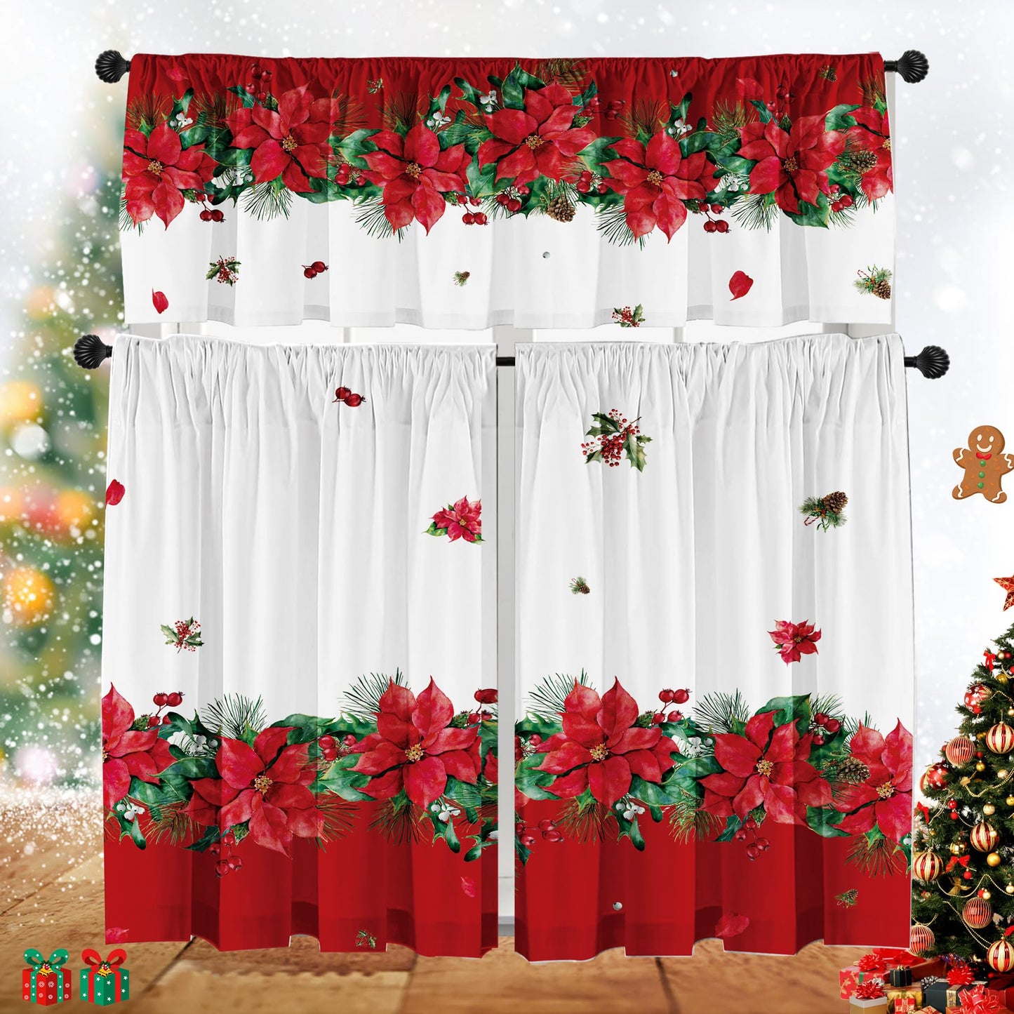 Cuteiush Christmas Poinsettia Curtain Valances Set of 3 Panels,Red,White&Green Rod Pocket,Festive Decor for Kitchen Bedroom, Bathroom,Laundry,52x18 Inch + 2x36x26 Inch